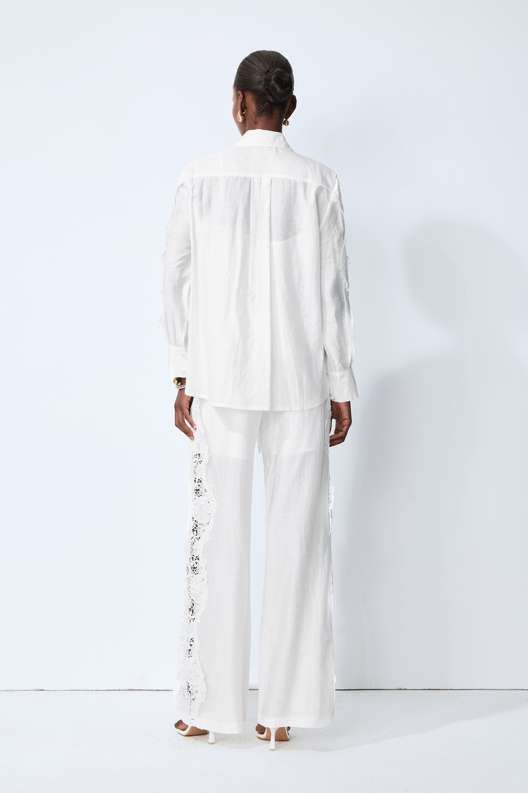 Life Goals White Lace Panel Shirt & Wide Leg Pants Set
