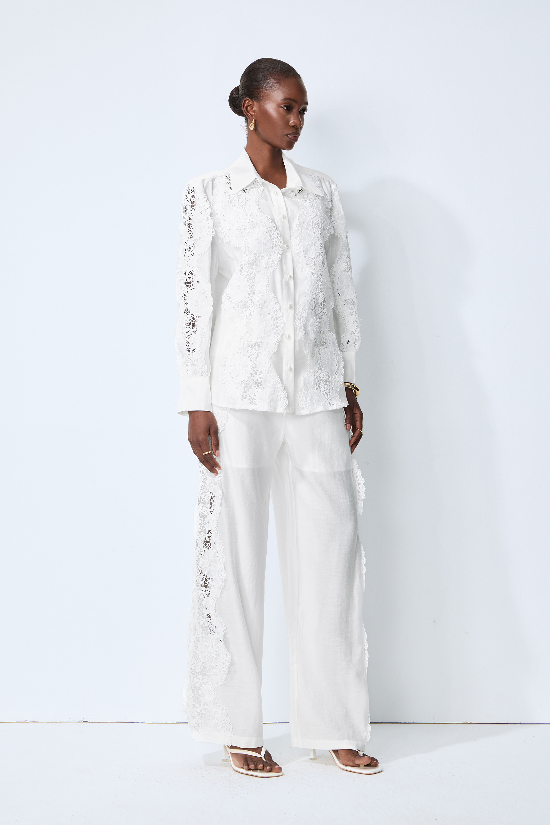 Life Goals White Lace Panel Shirt & Wide Leg Pants Set