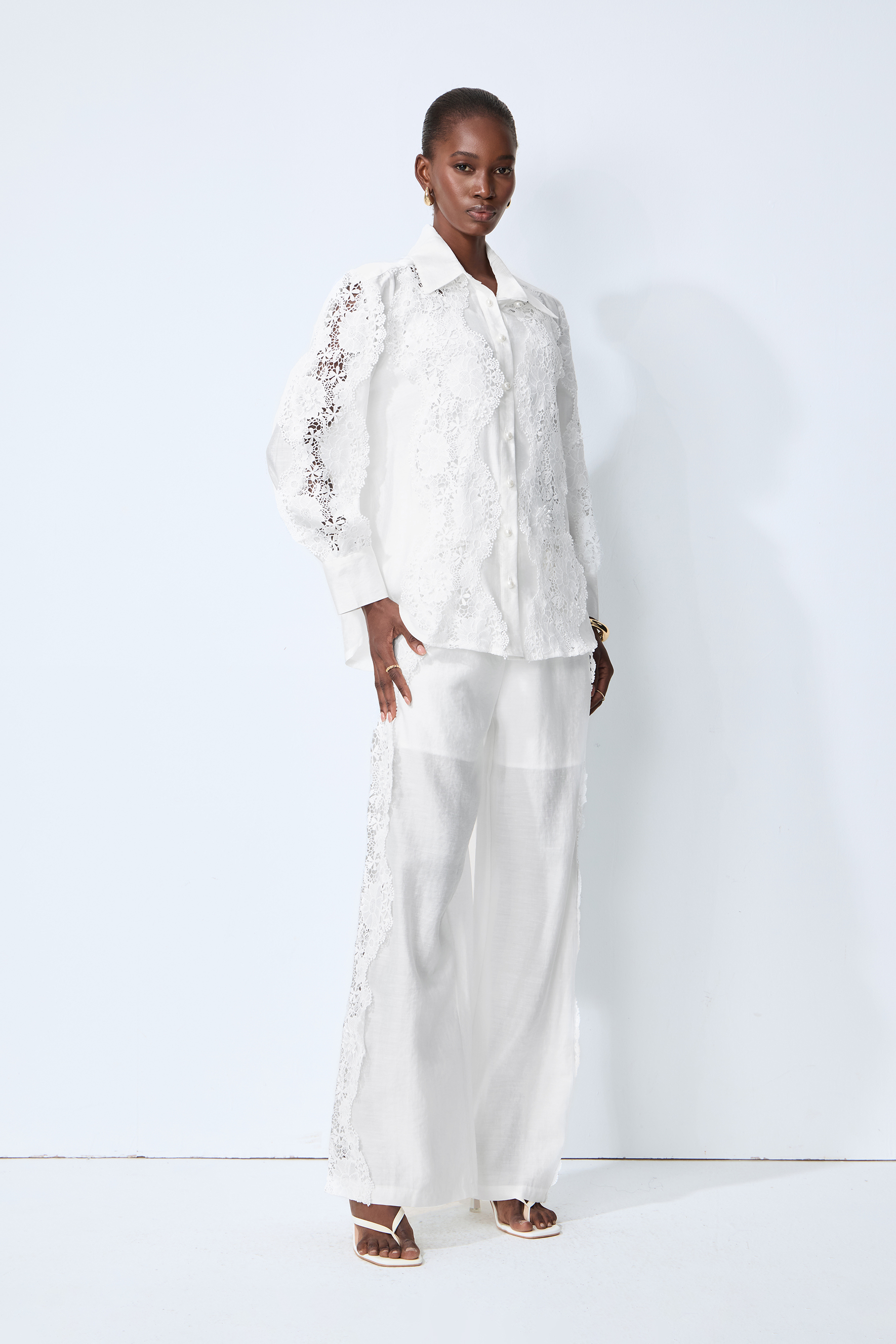 Life Goals White Lace Panel Shirt & Wide Leg Pants Set