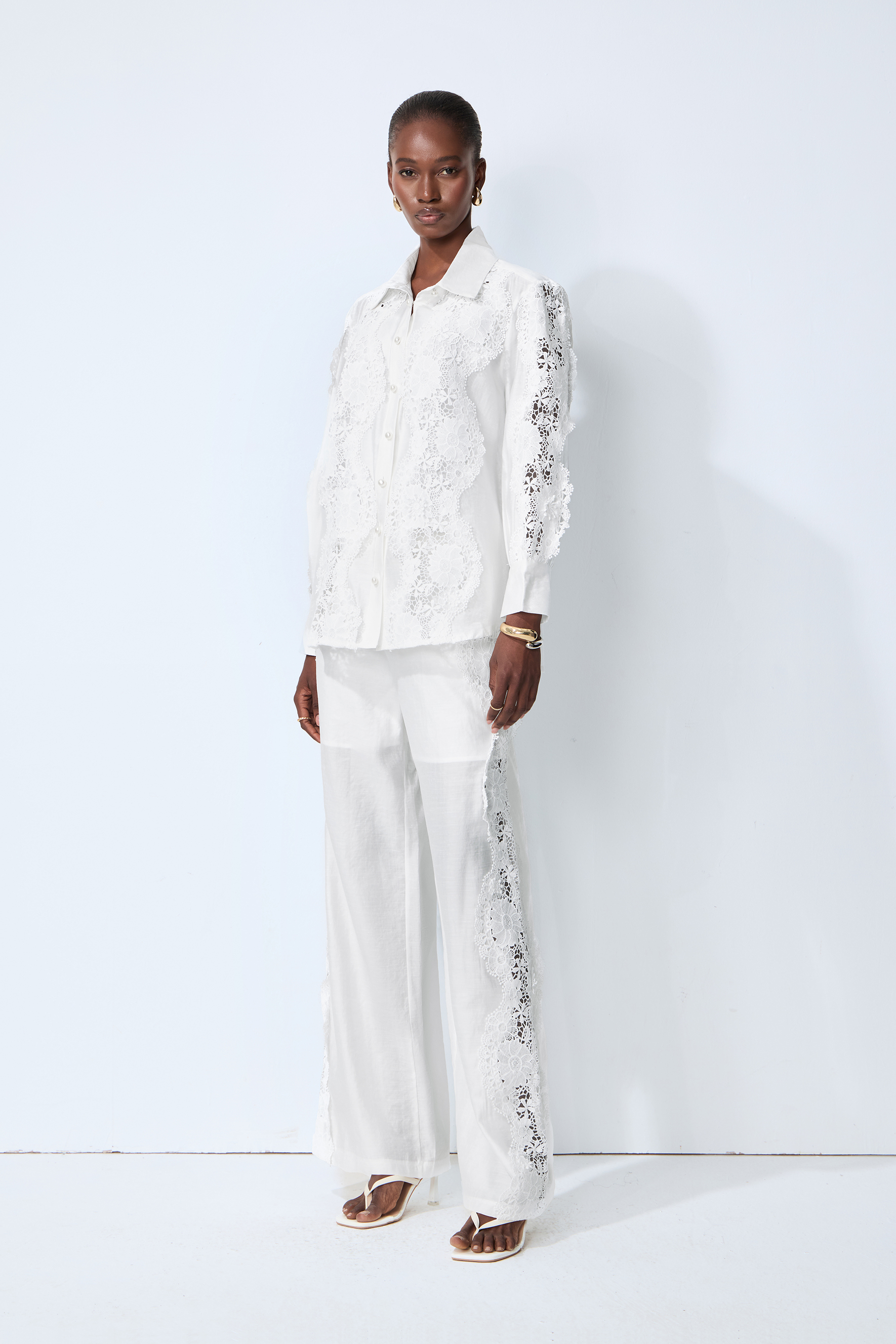 Life Goals White Lace Panel Shirt & Wide Leg Pants Set