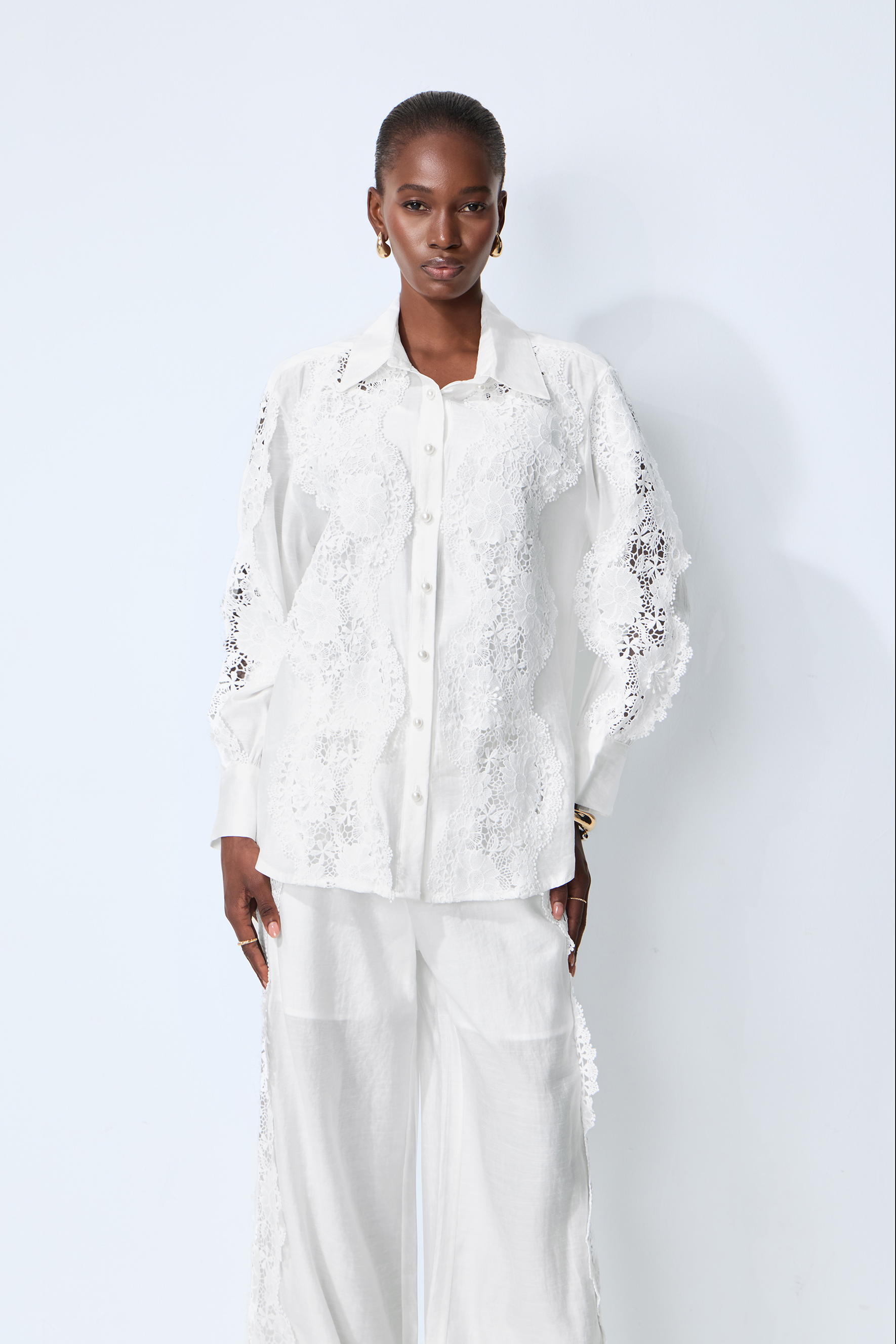 Life Goals White Lace Panel Shirt & Wide Leg Pants Set