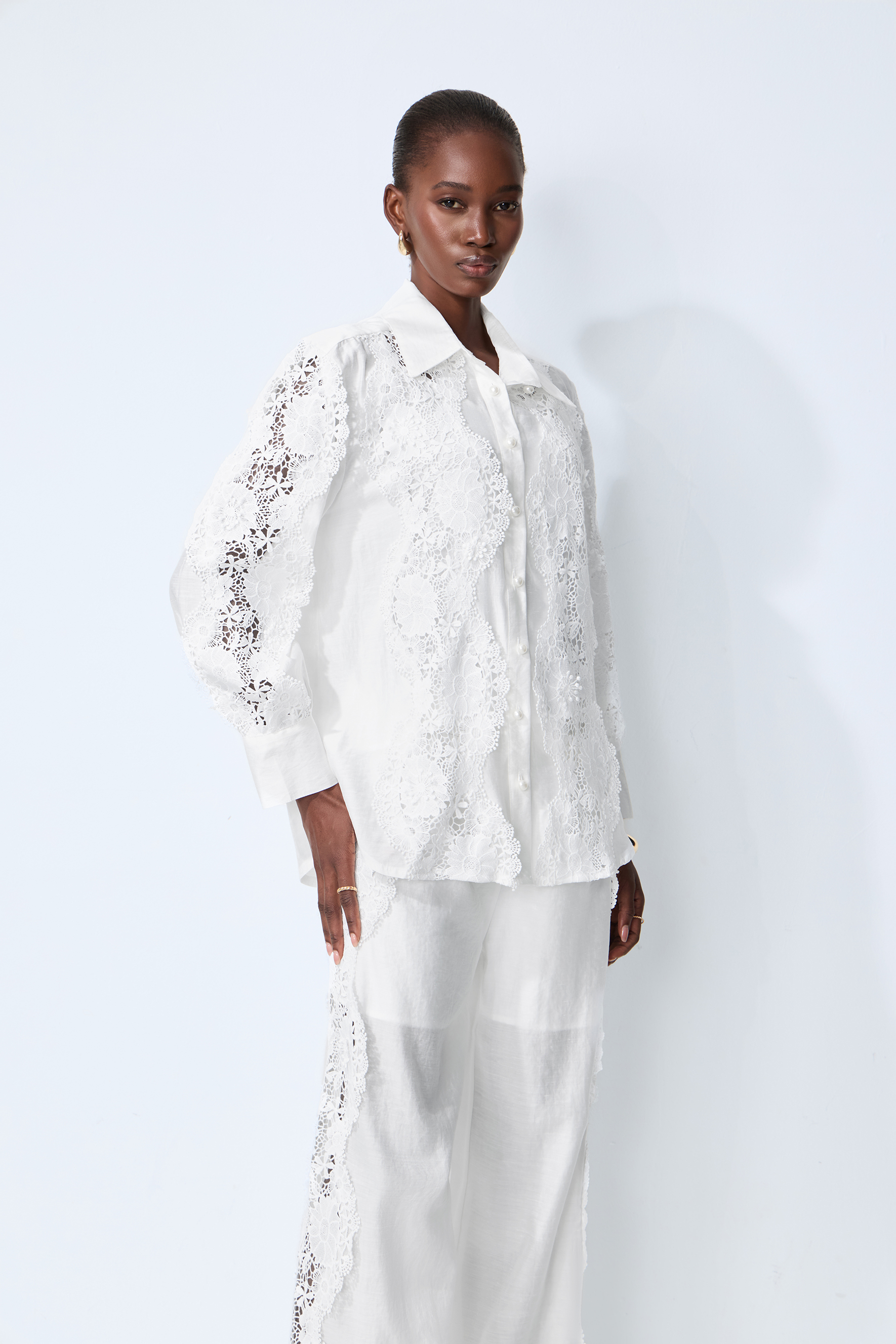Life Goals White Lace Panel Shirt & Wide Leg Pants Set