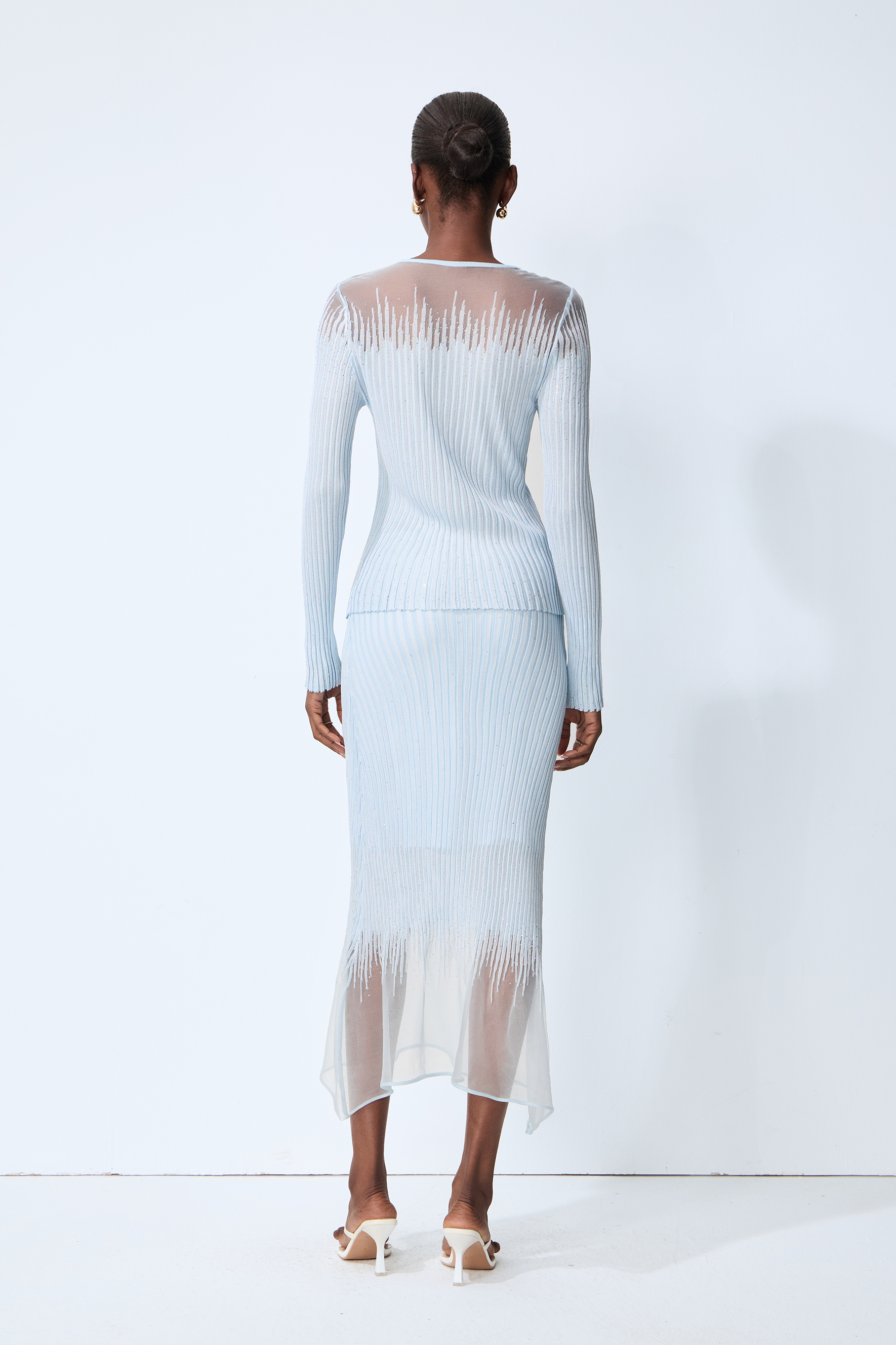 Lazy Day Blue Rhinestone Sheer Knit Top & Skirt Set