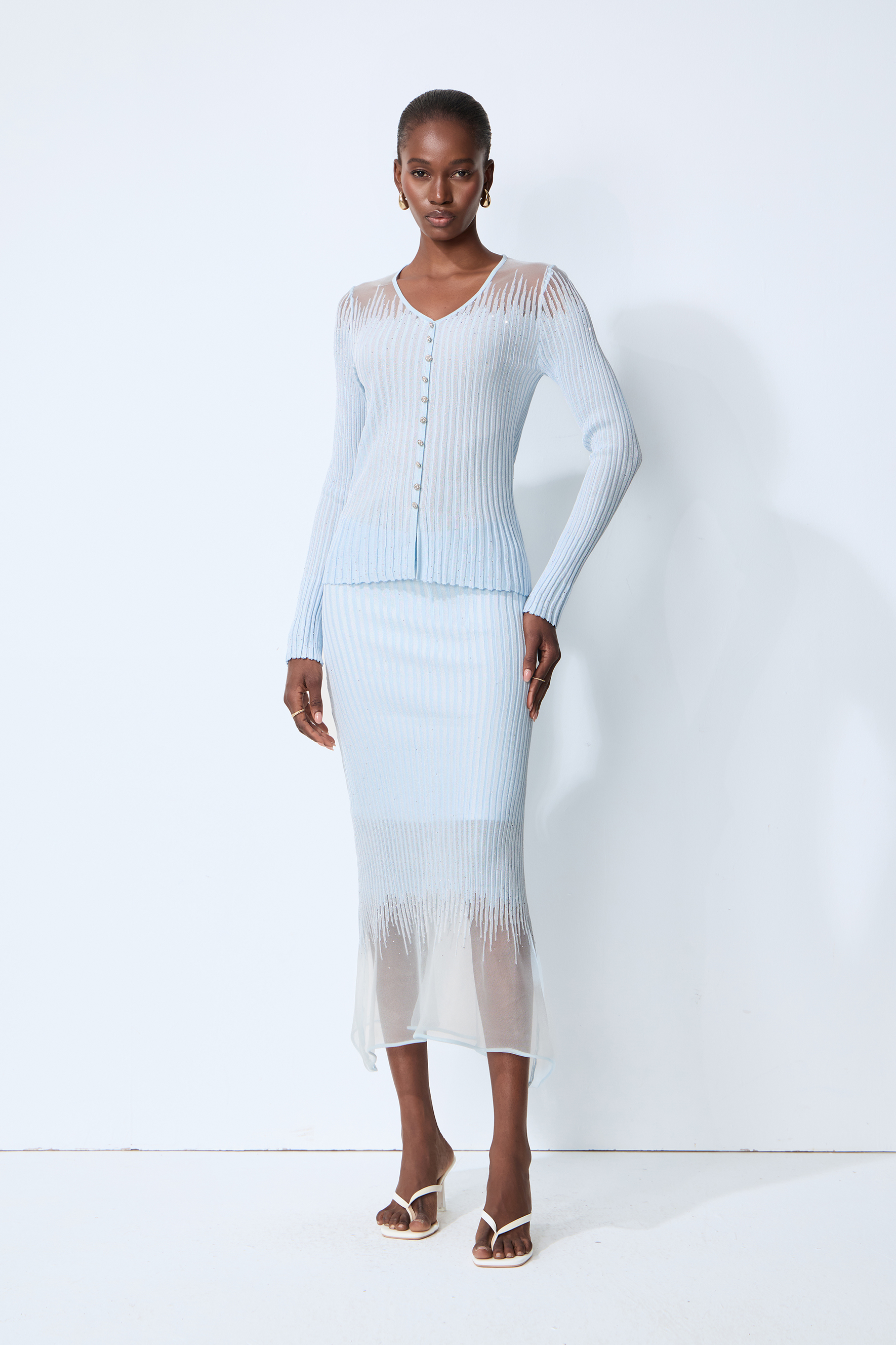 Lazy Day Blue Rhinestone Sheer Knit Top & Skirt Set