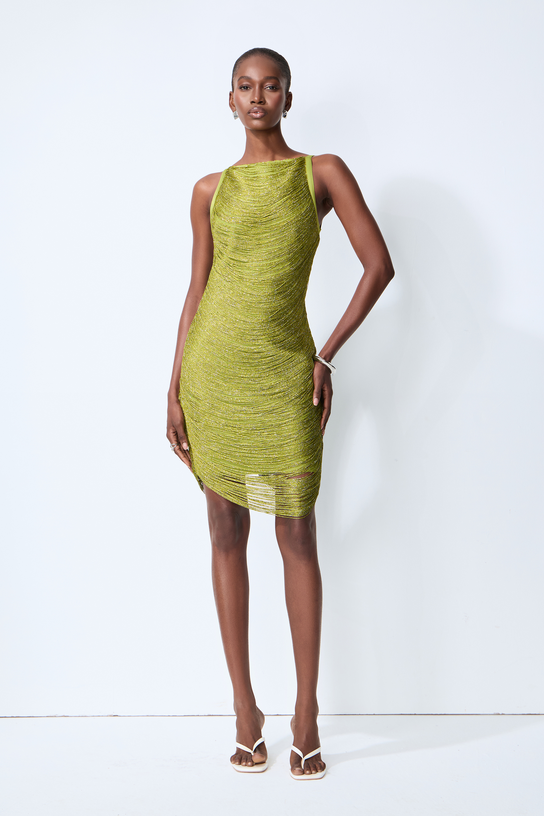 Dazzling Moment Green Metallic Fringe Sleeveless Mini Dress