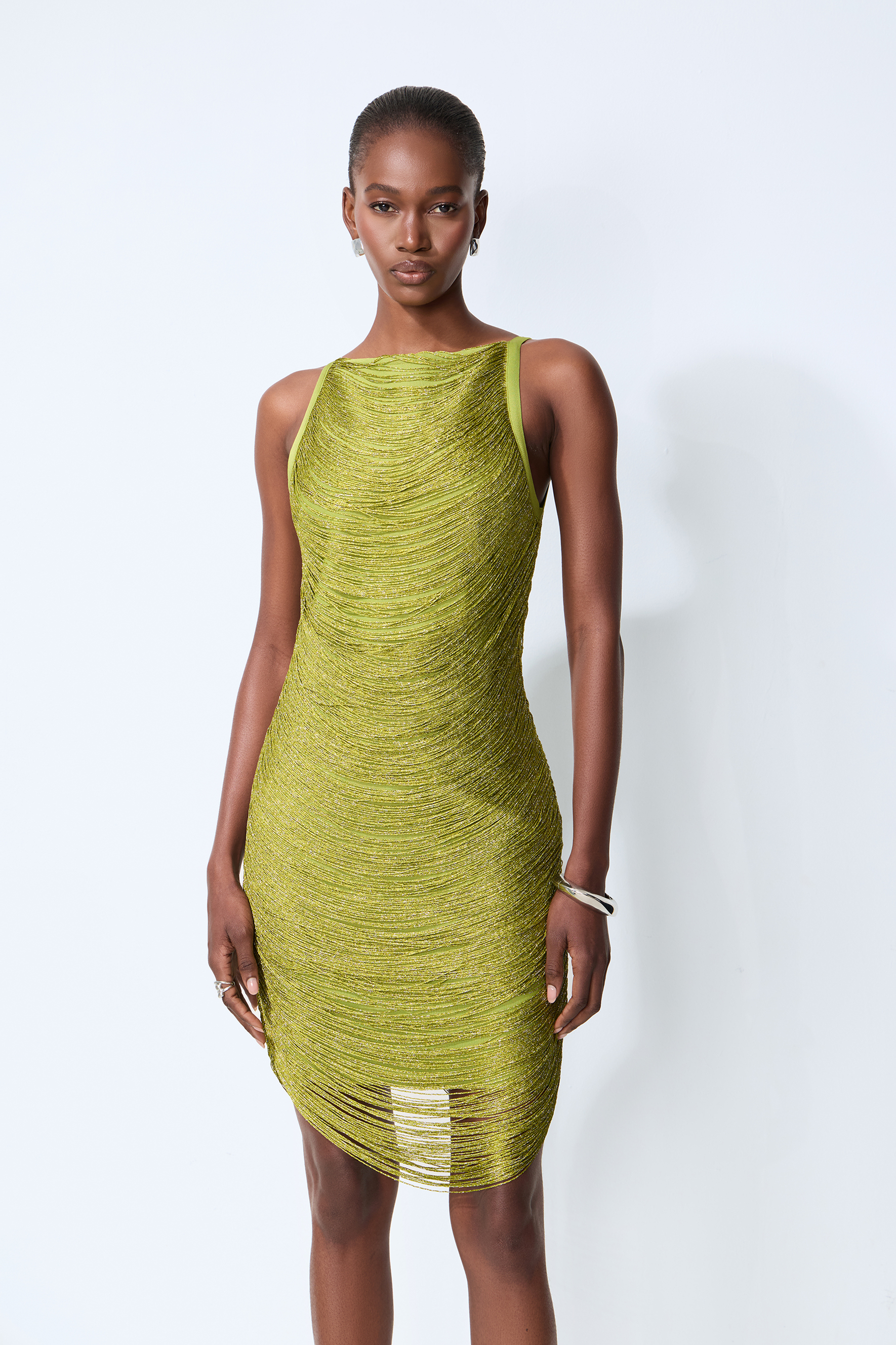 Dazzling Moment Green Metallic Fringe Sleeveless Mini Dress