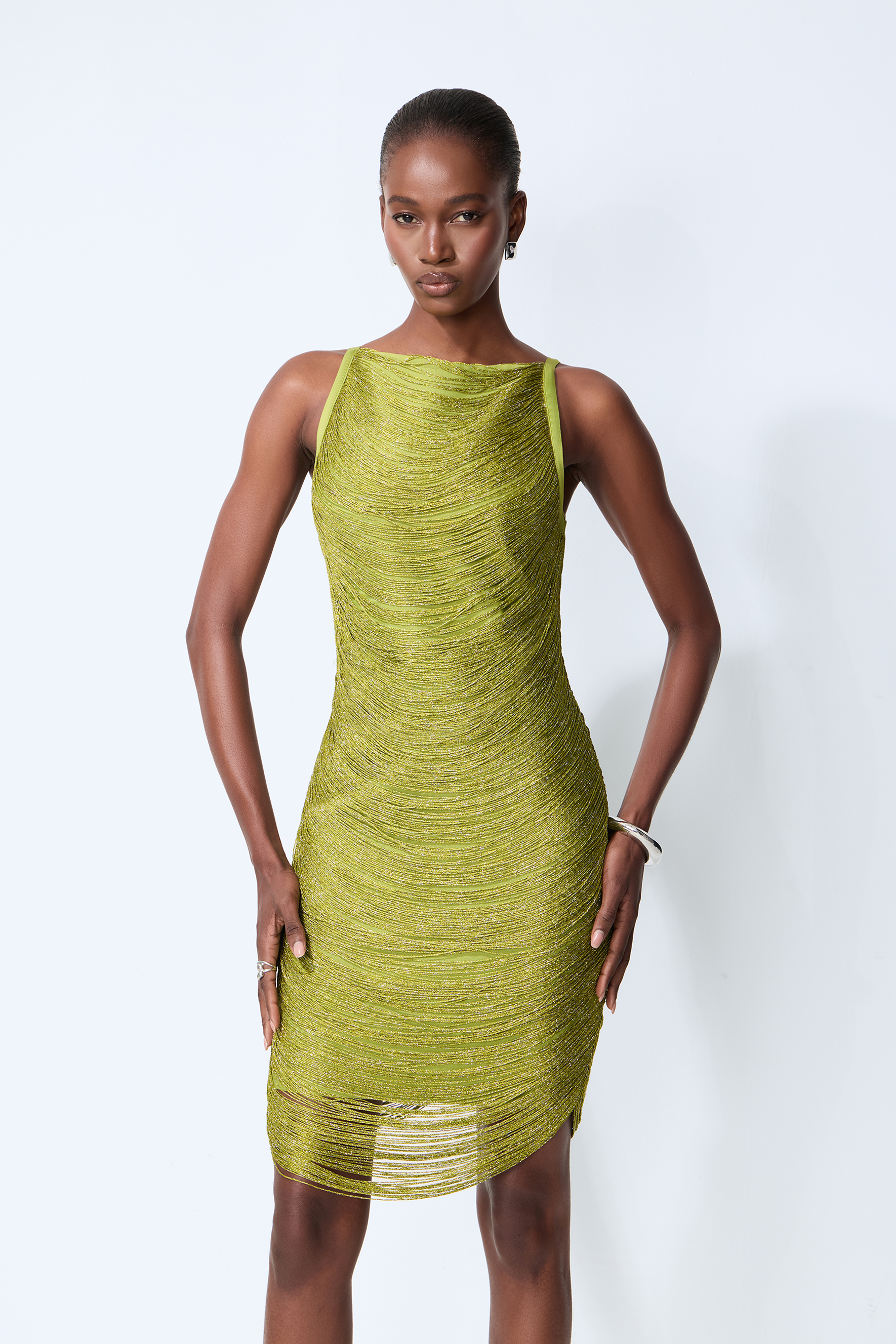 Dazzling Moment Green Metallic Fringe Sleeveless Mini Dress