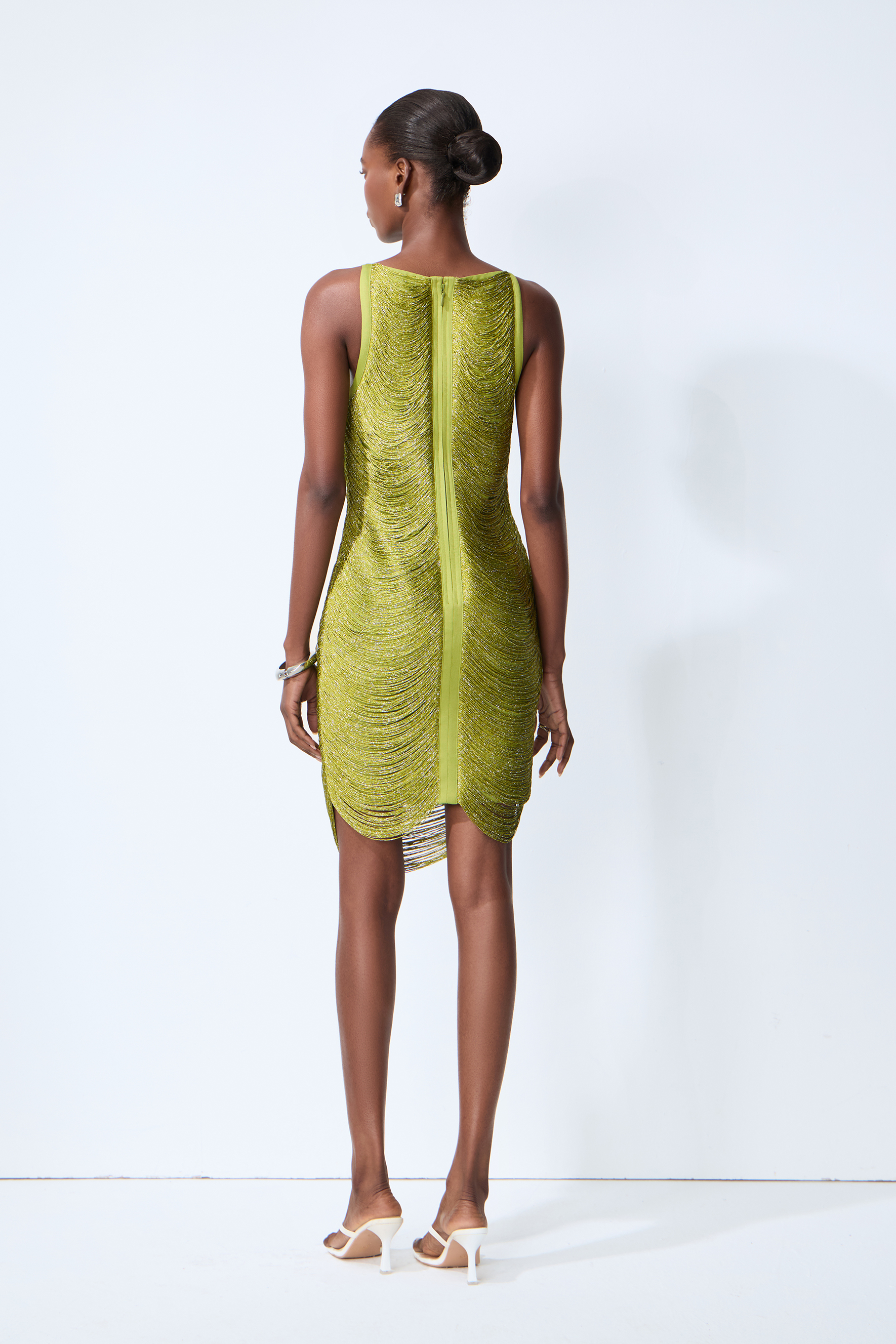 Dazzling Moment Green Metallic Fringe Sleeveless Mini Dress