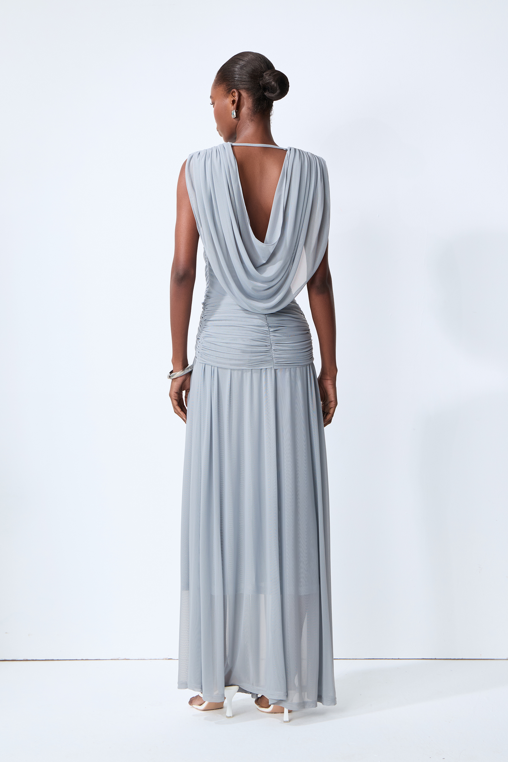 See You Tonight Blue Draped V-Neck Maxi Dress