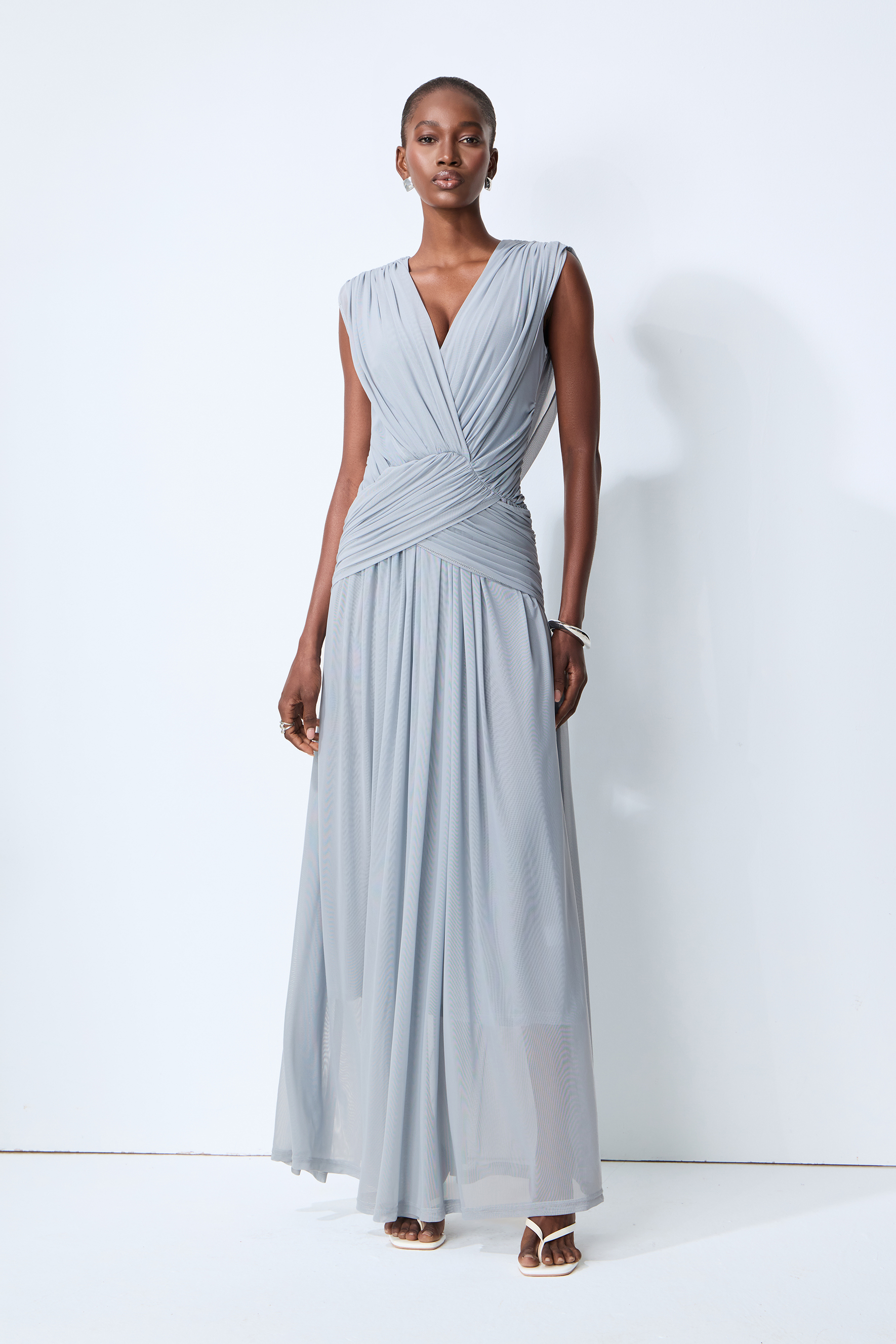 See You Tonight Blue Draped V-Neck Maxi Dress