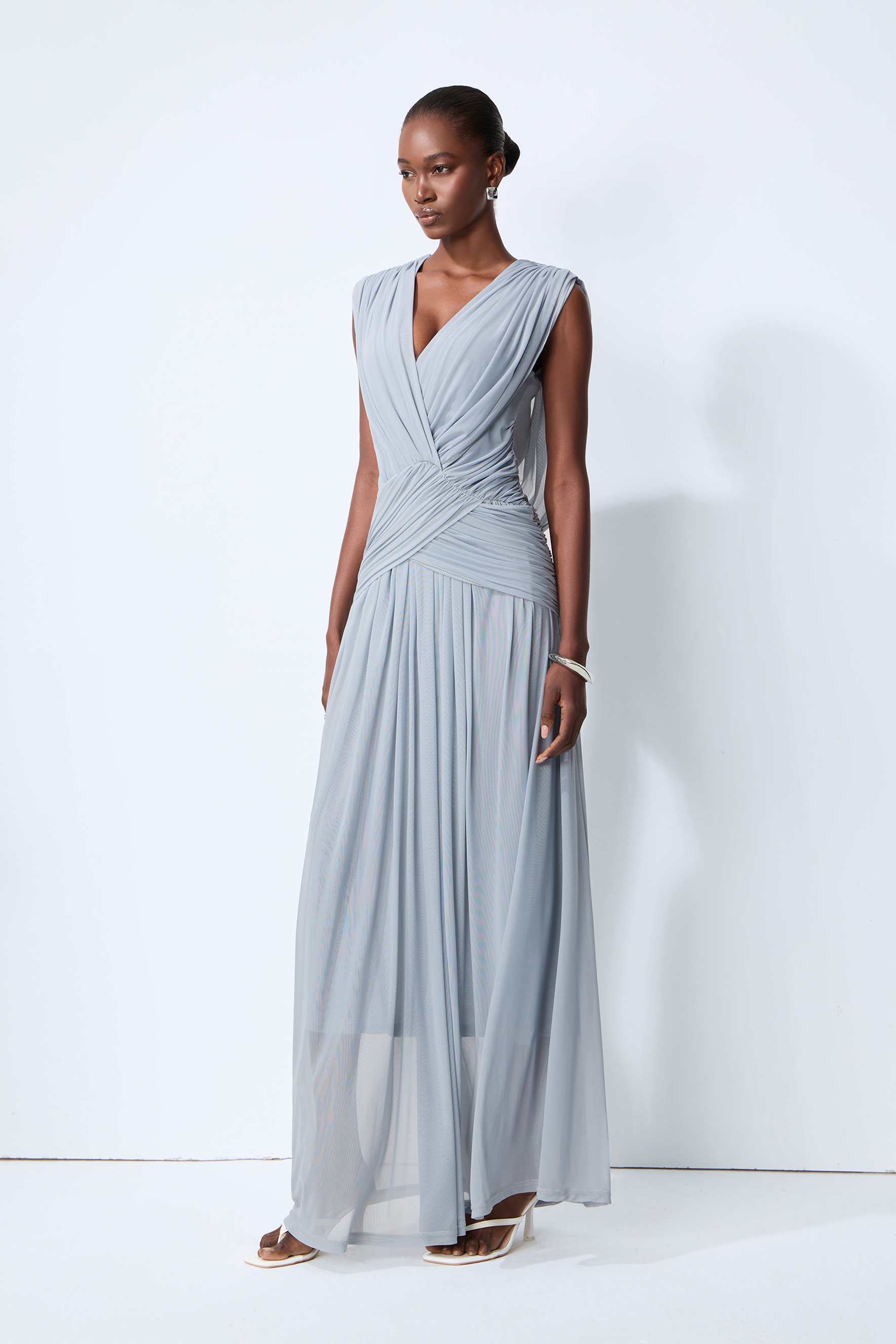 See You Tonight Blue Draped V-Neck Maxi Dress
