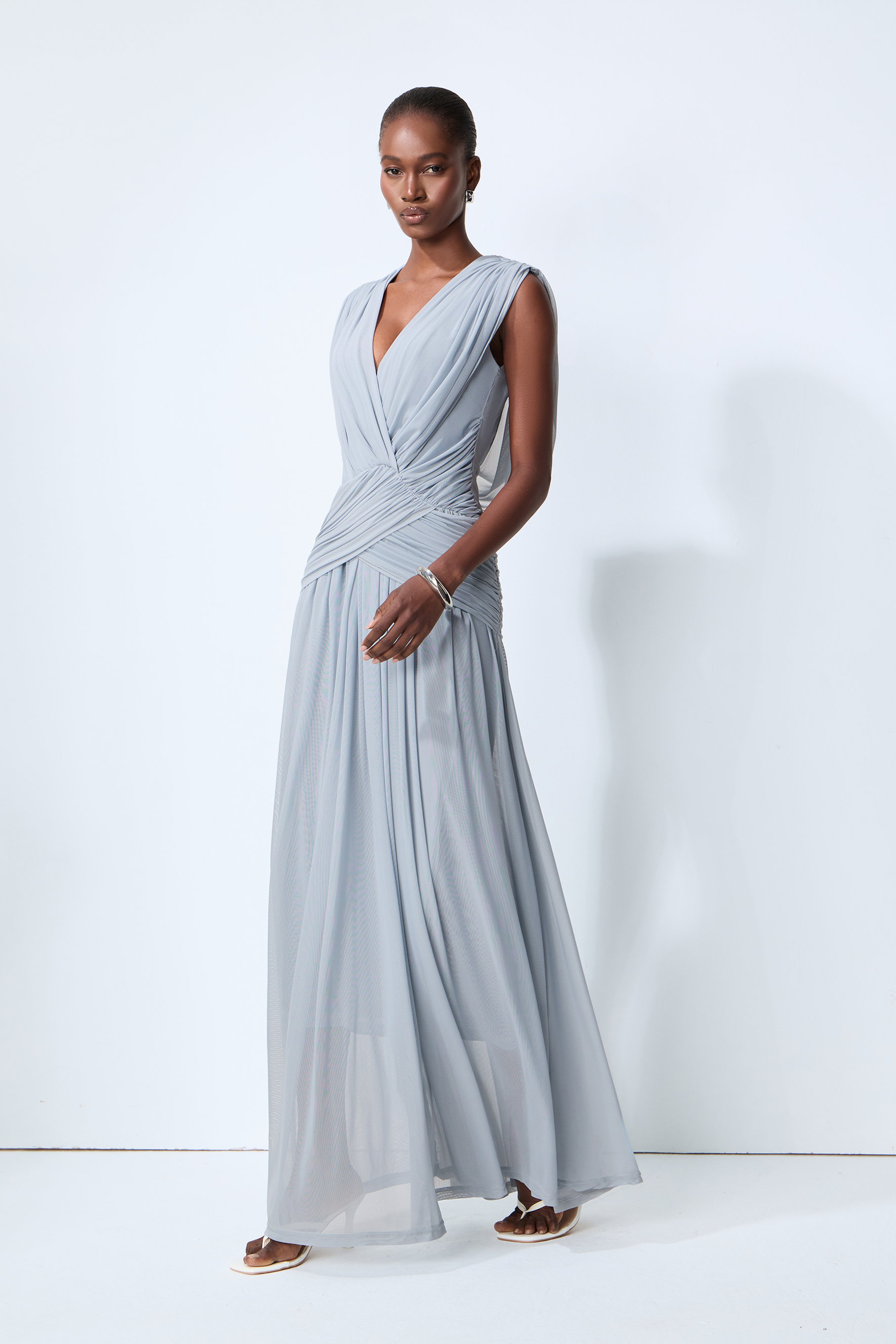 See You Tonight Blue Draped V-Neck Maxi Dress