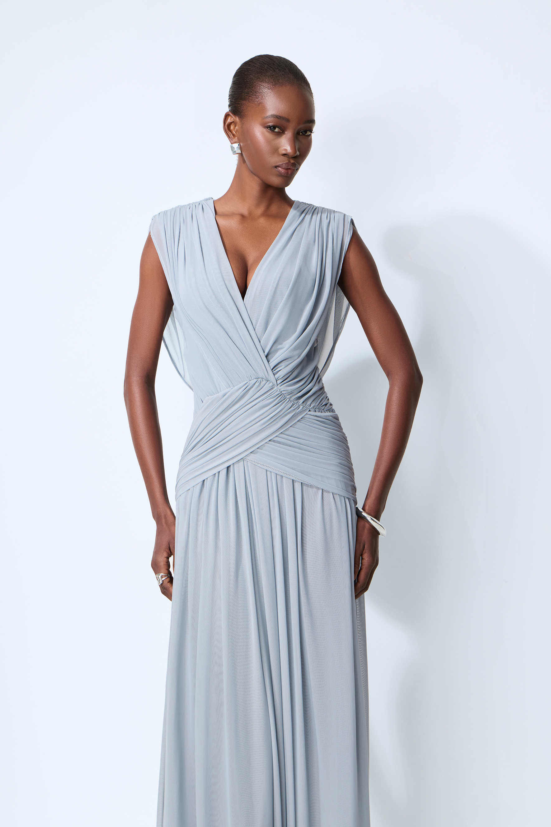 See You Tonight Blue Draped V-Neck Maxi Dress