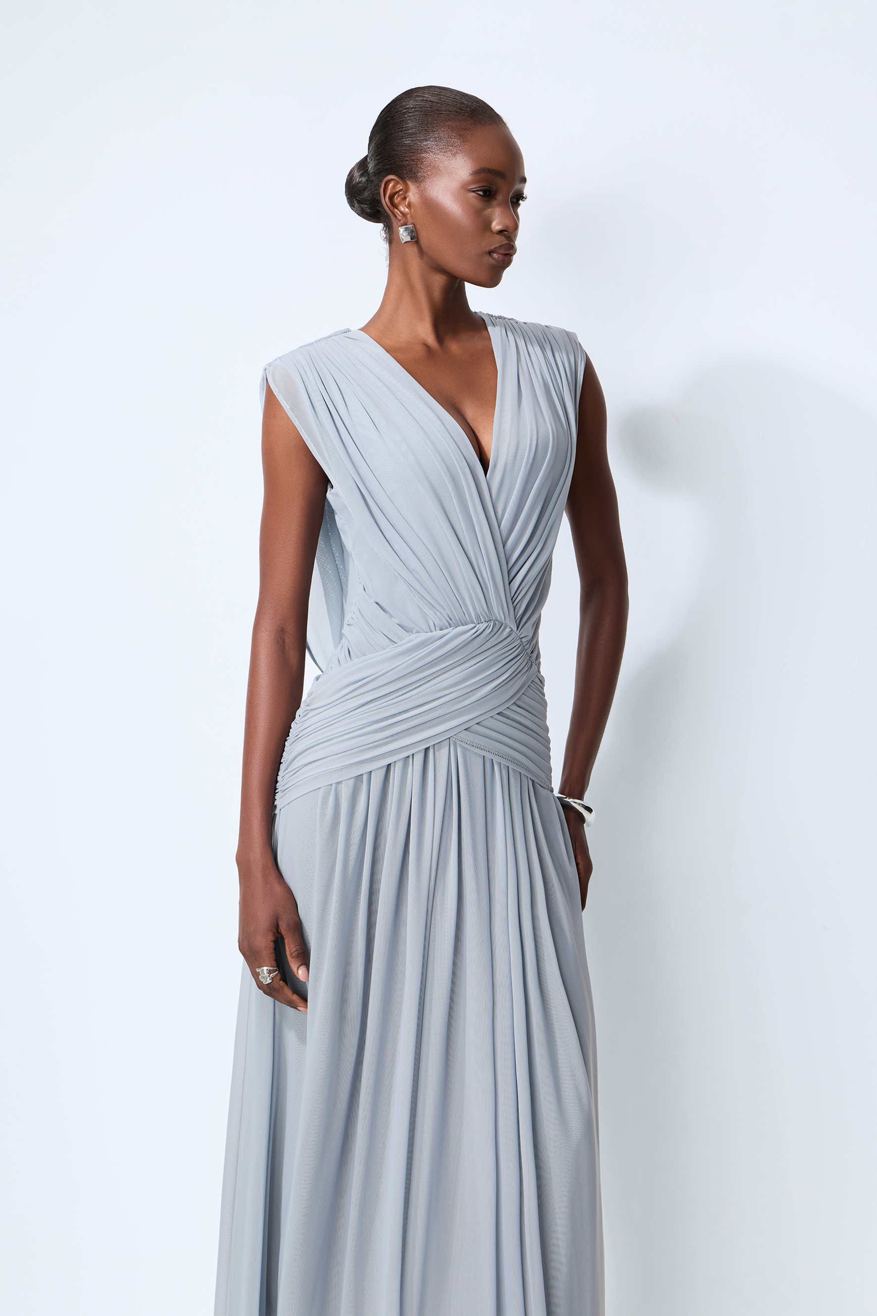 See You Tonight Blue Draped V-Neck Maxi Dress