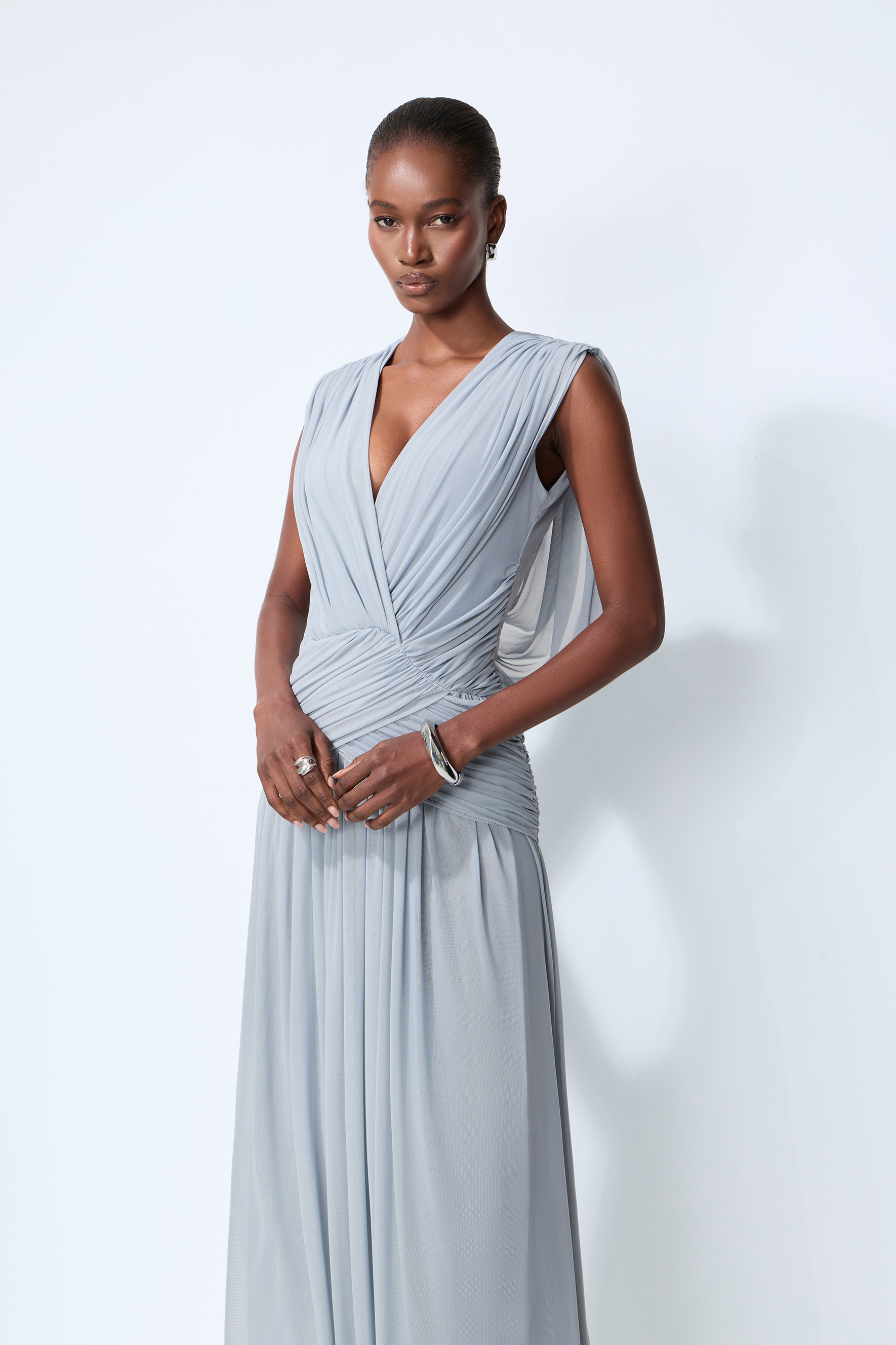 See You Tonight Blue Draped V-Neck Maxi Dress