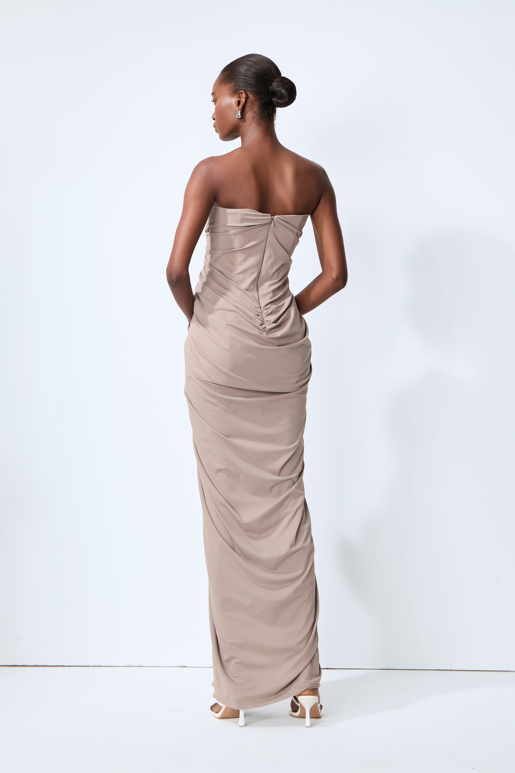 Poised Beauty Gray Strapless Ruched Front Maxi Dress