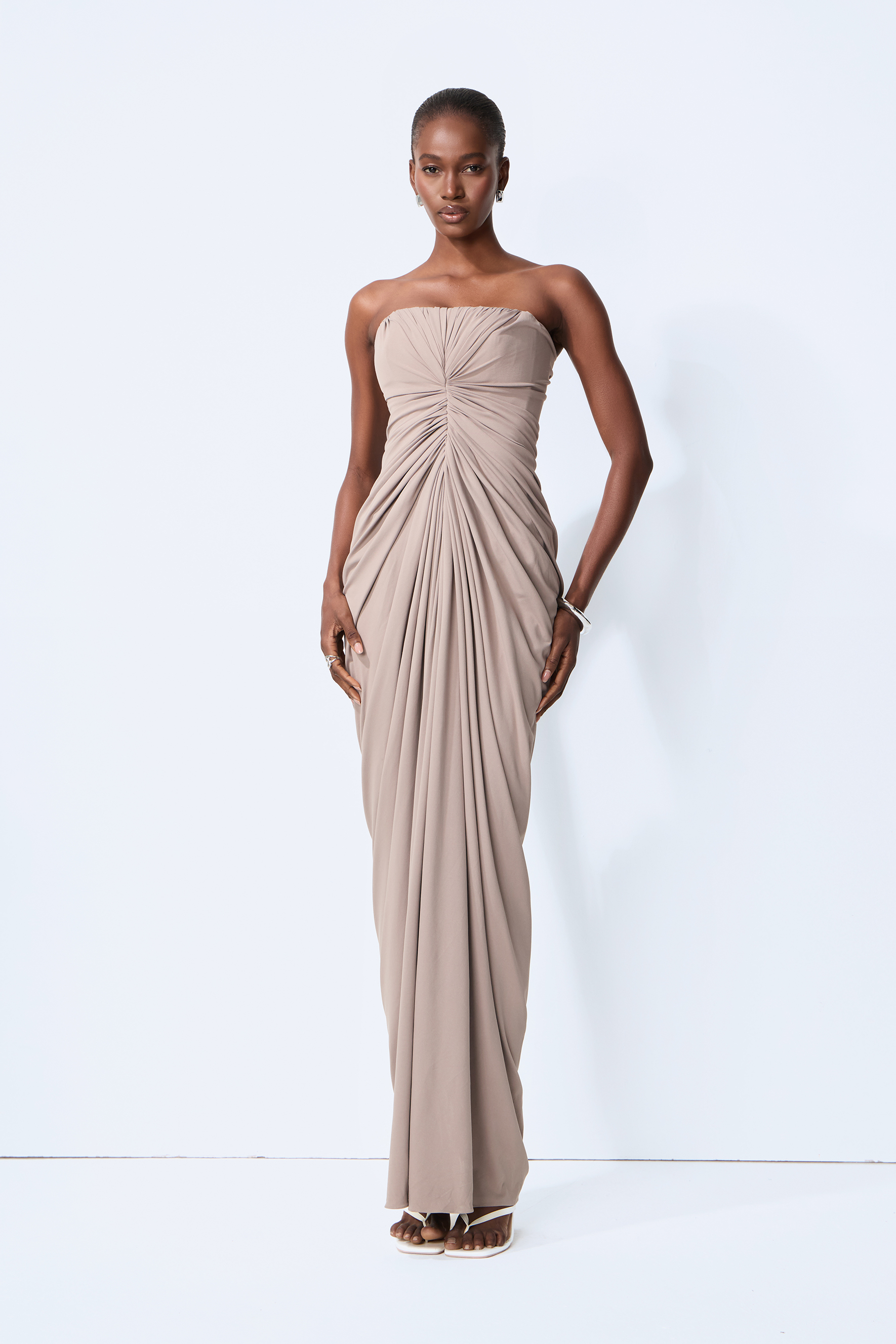 Poised Beauty Gray Strapless Ruched Front Maxi Dress