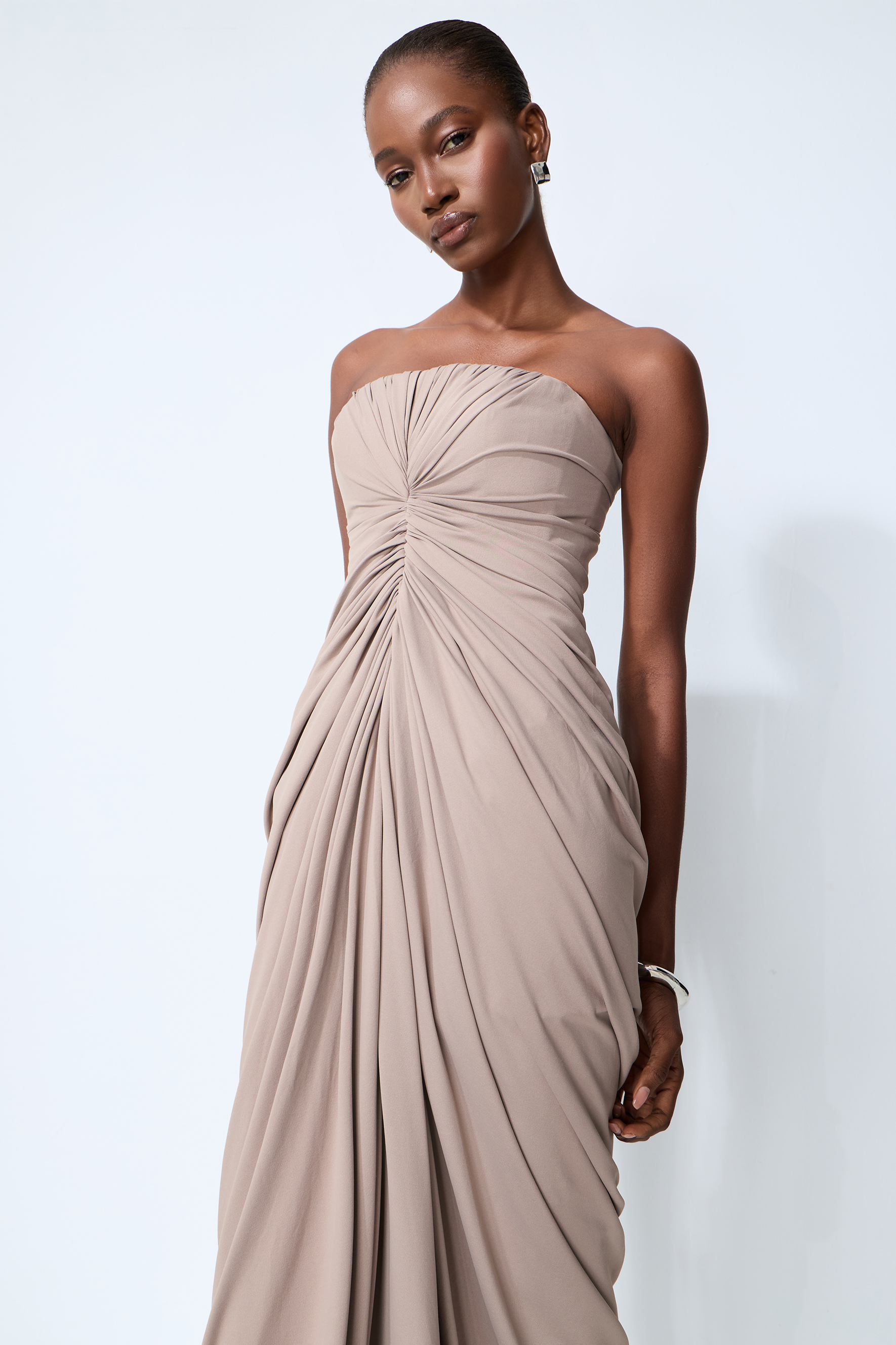 Poised Beauty Gray Strapless Ruched Front Maxi Dress