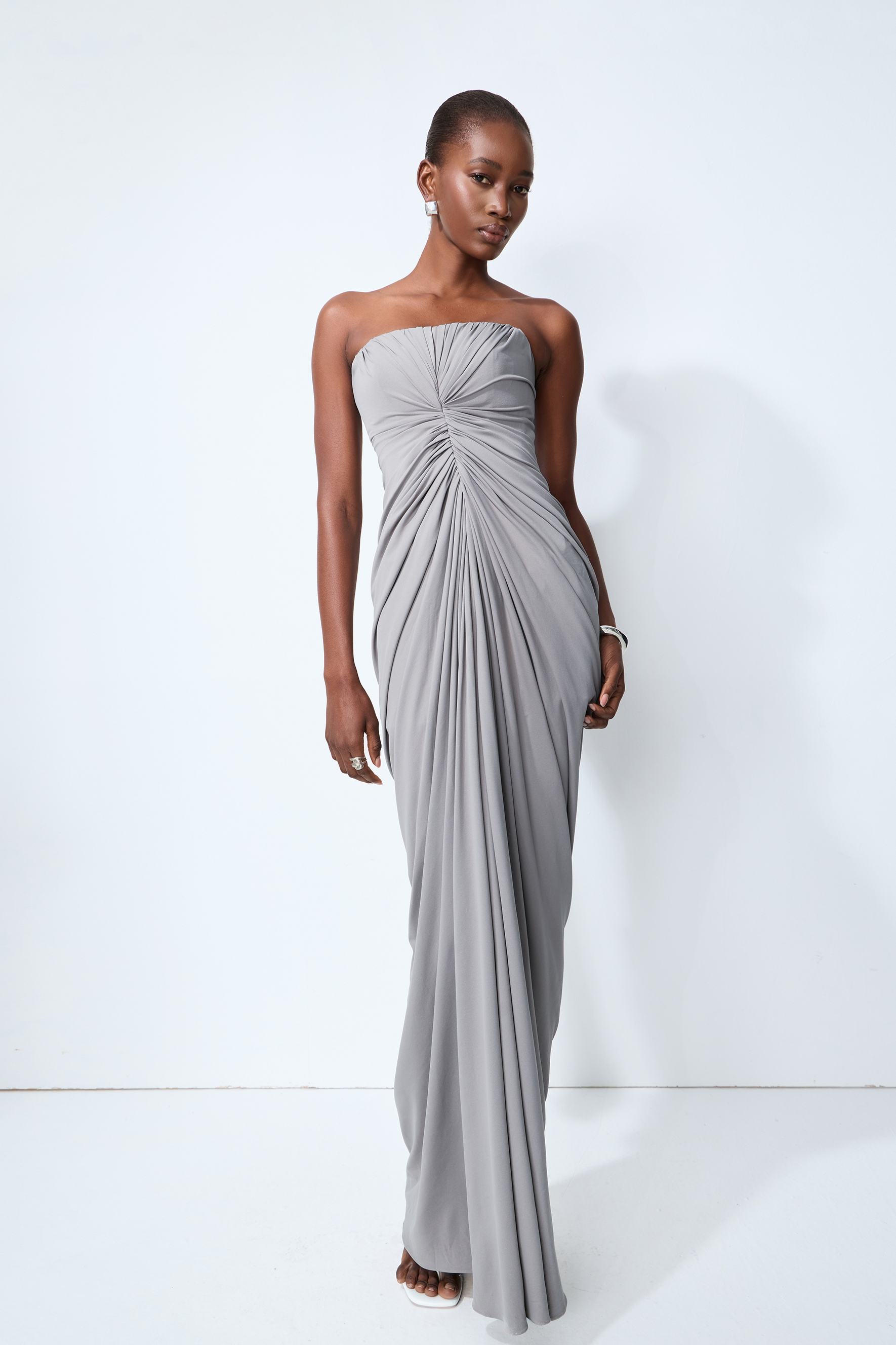 Poised Beauty Gray Strapless Ruched Front Maxi Dress