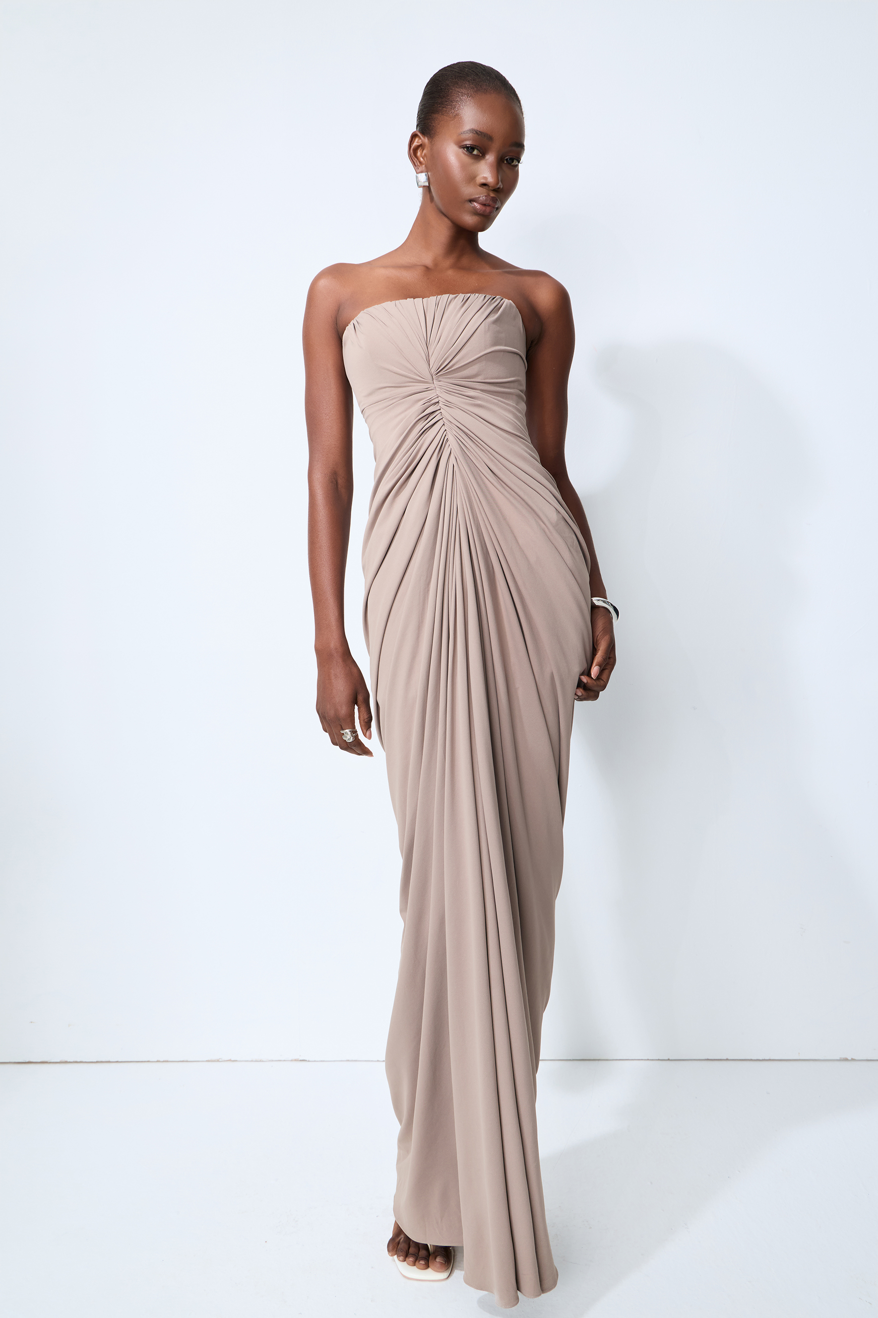 Poised Beauty Gray Strapless Ruched Front Maxi Dress