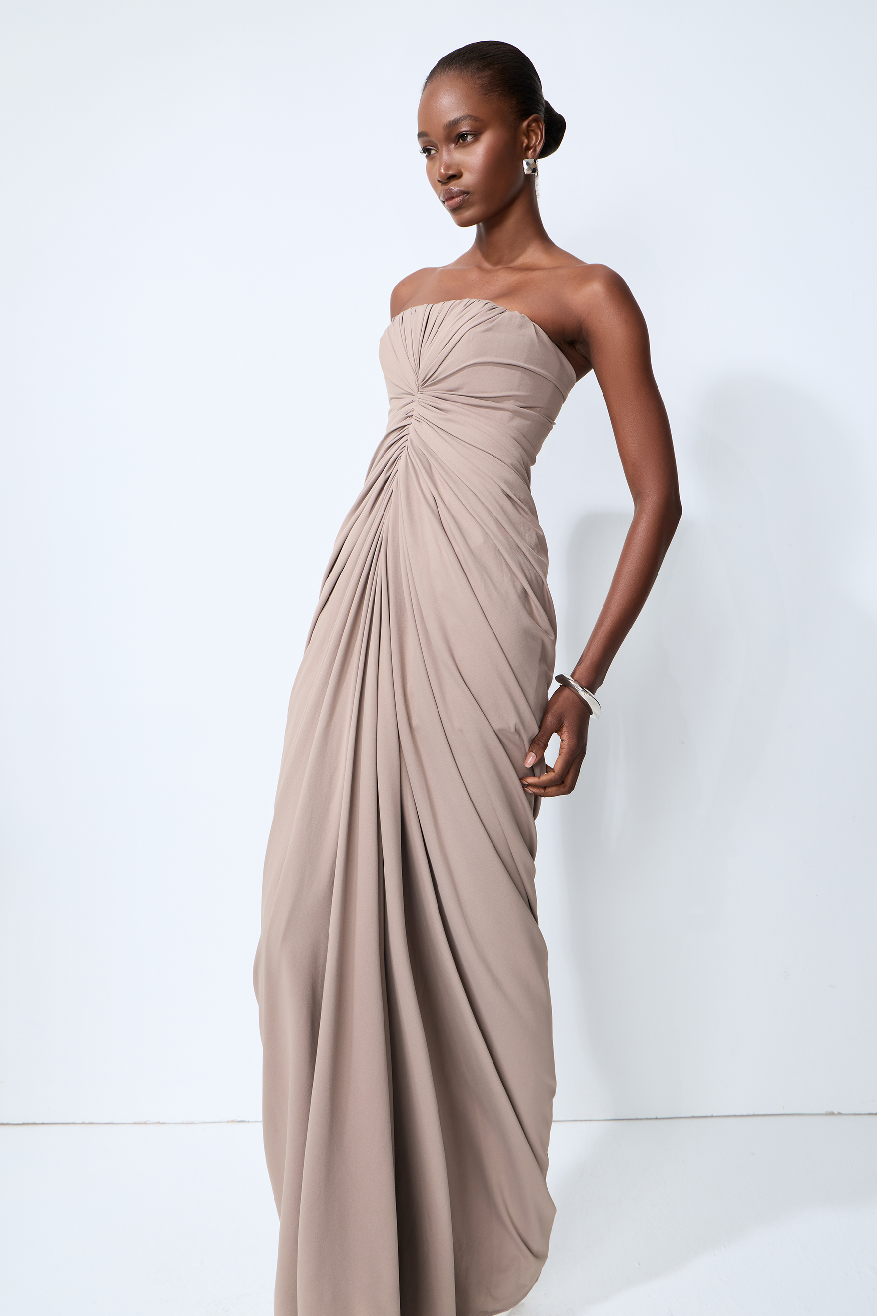 Poised Beauty Gray Strapless Ruched Front Maxi Dress