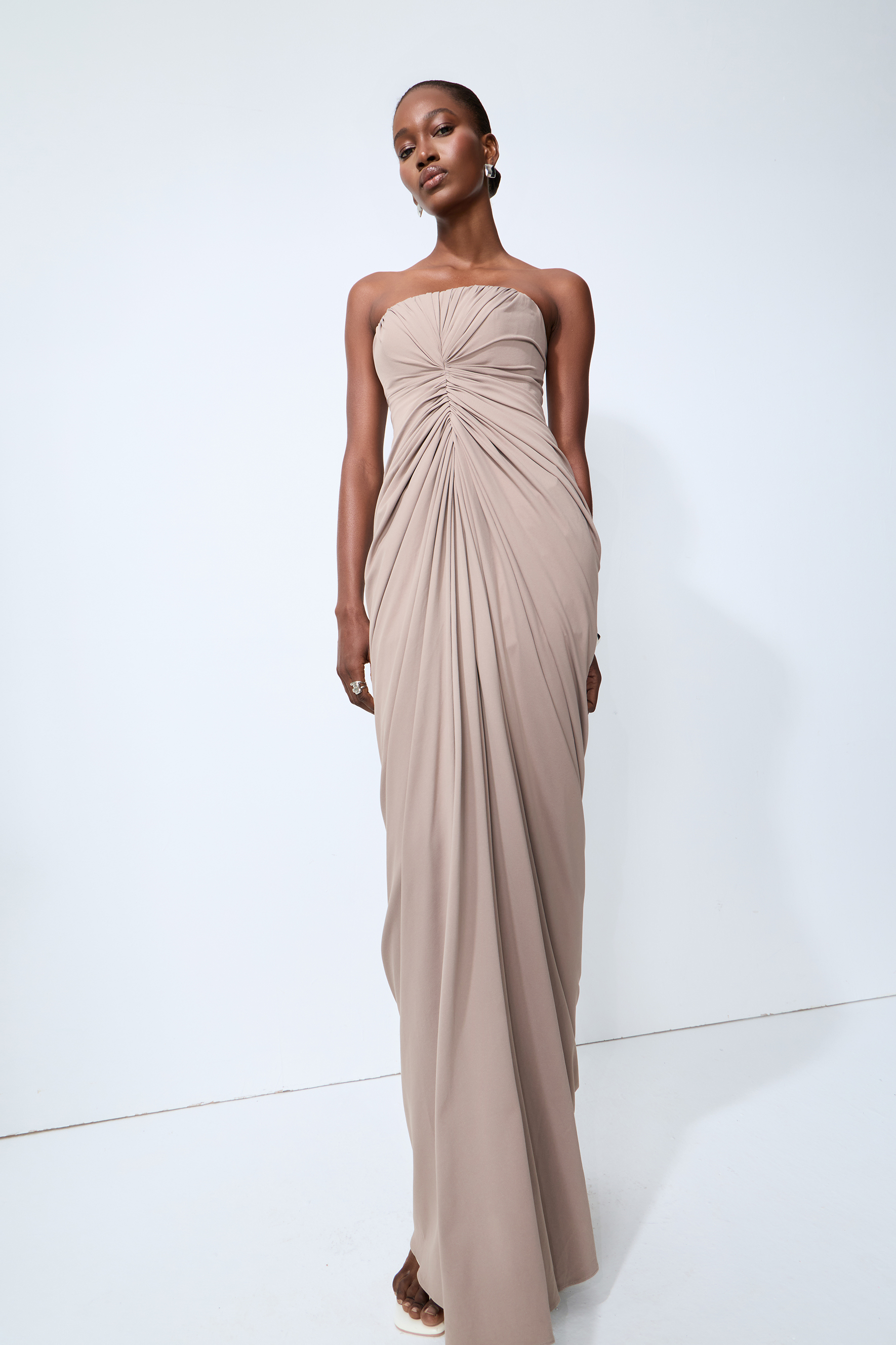 Poised Beauty Gray Strapless Ruched Front Maxi Dress