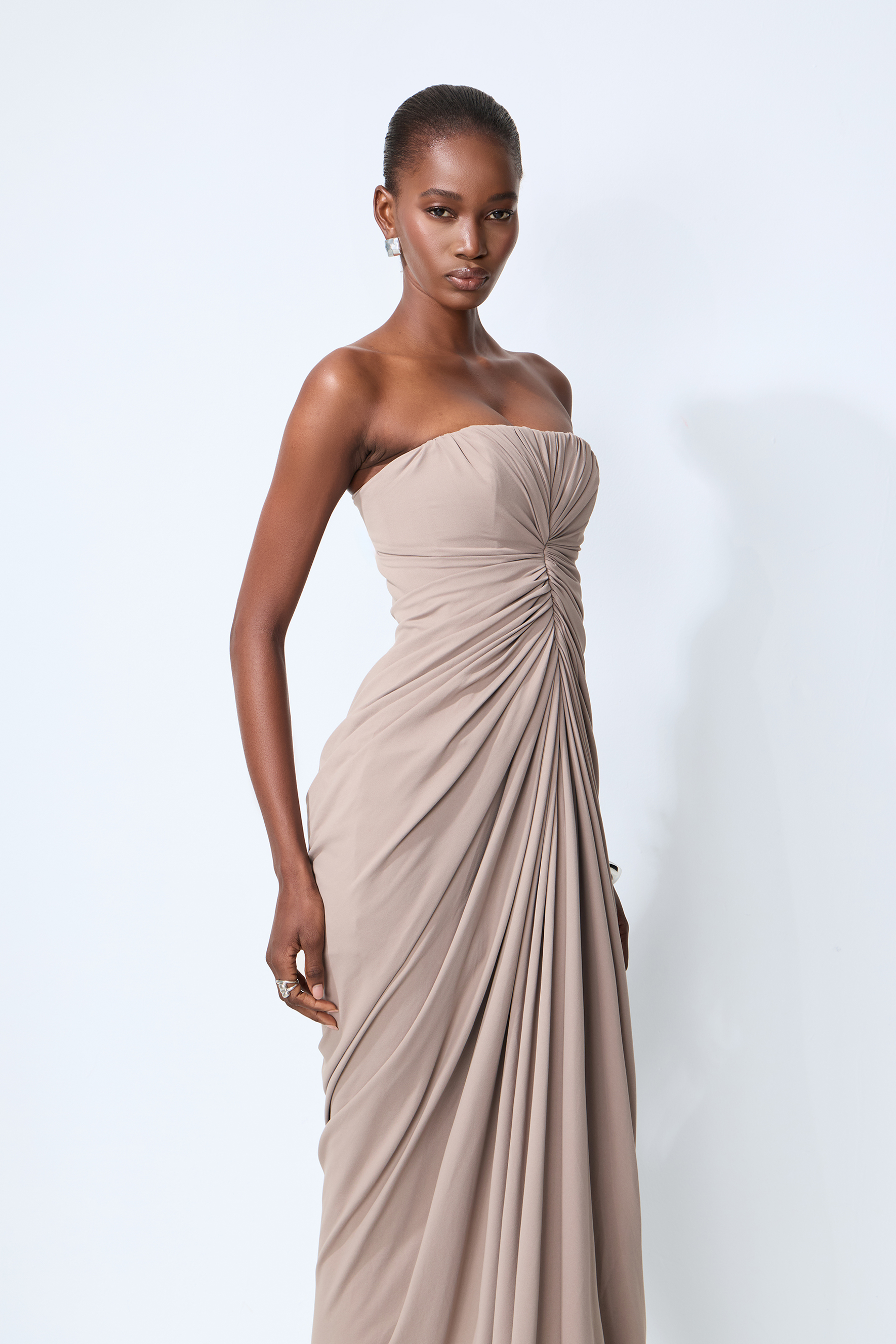 Poised Beauty Gray Strapless Ruched Front Maxi Dress