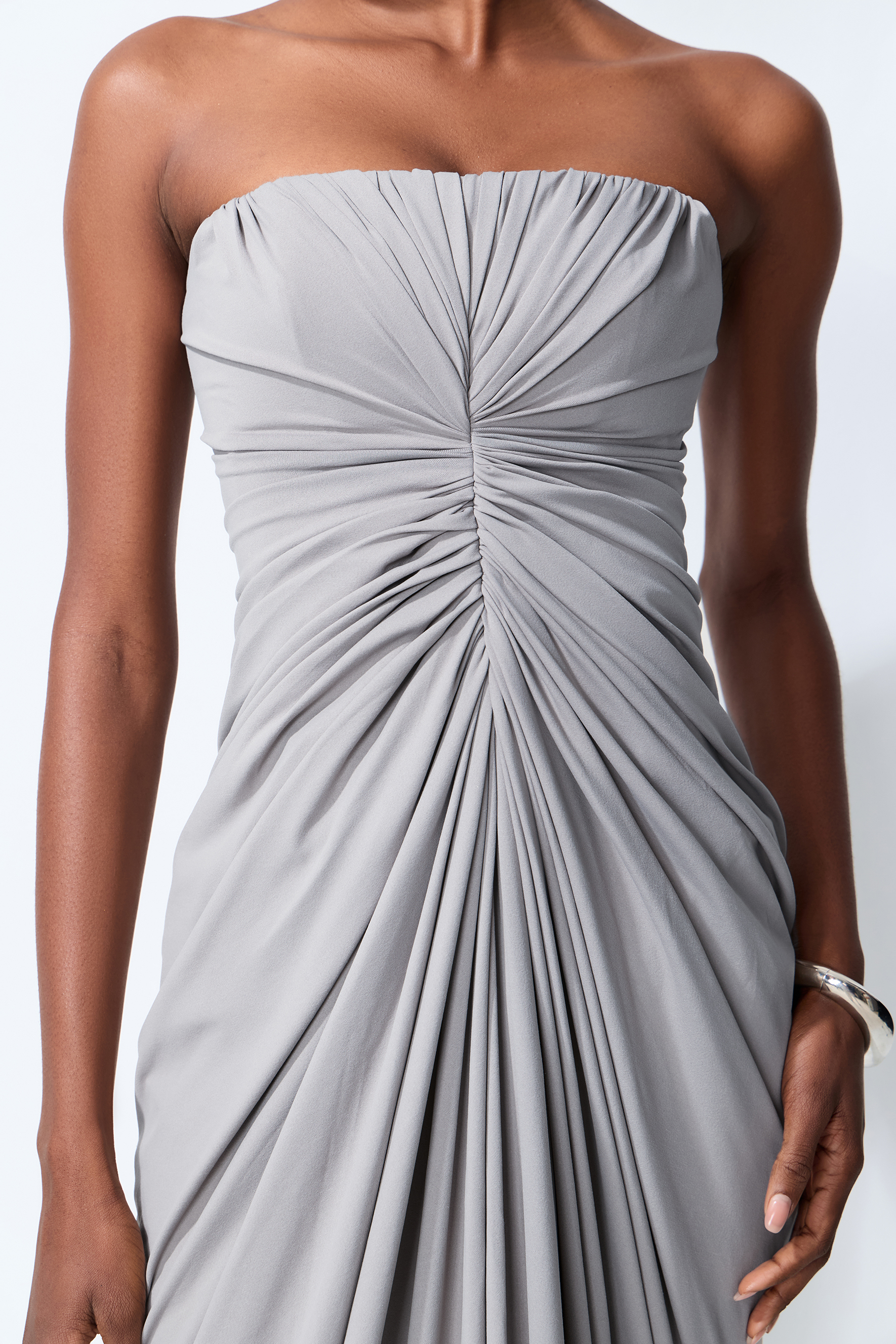 Poised Beauty Gray Strapless Ruched Front Maxi Dress