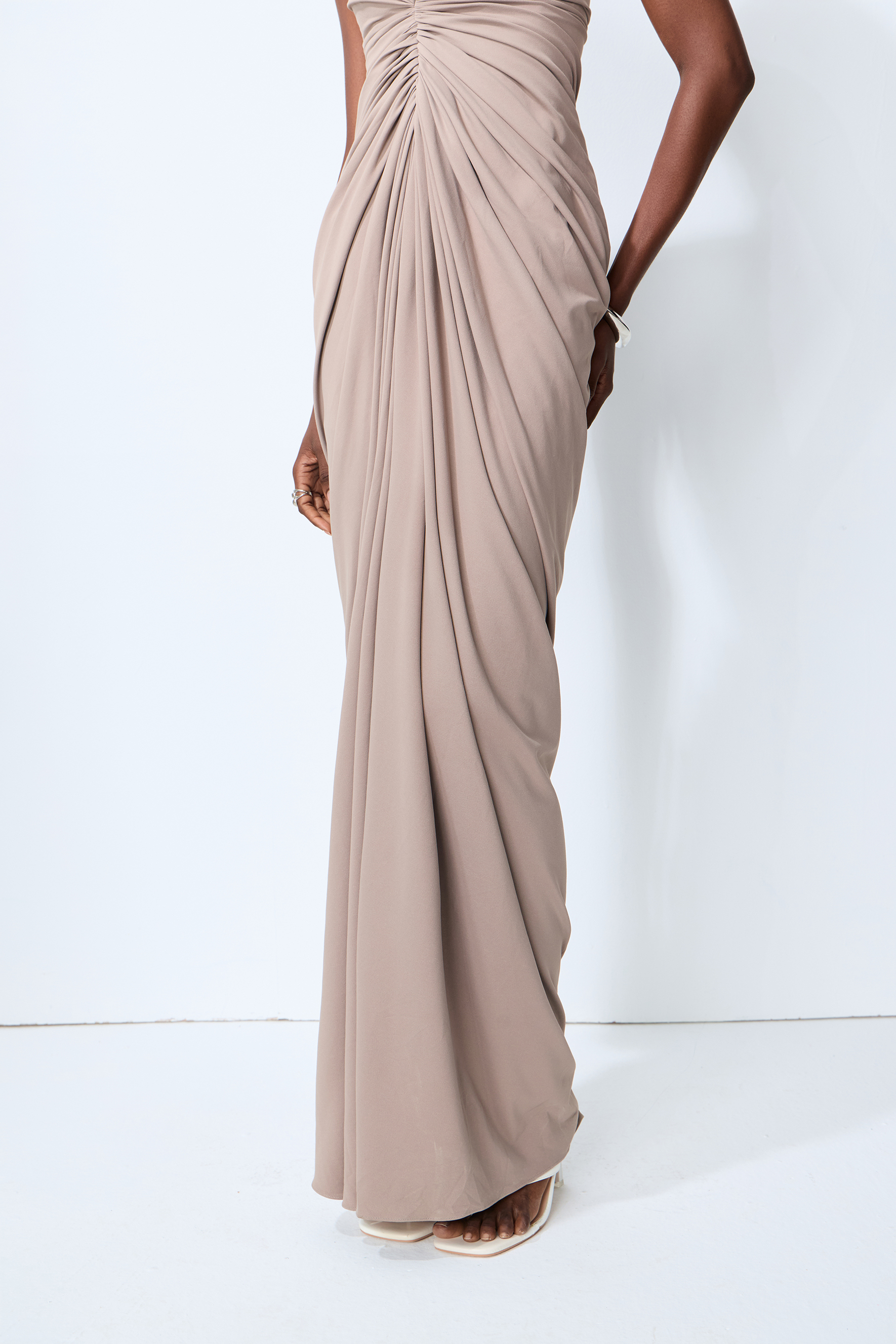 Poised Beauty Gray Strapless Ruched Front Maxi Dress