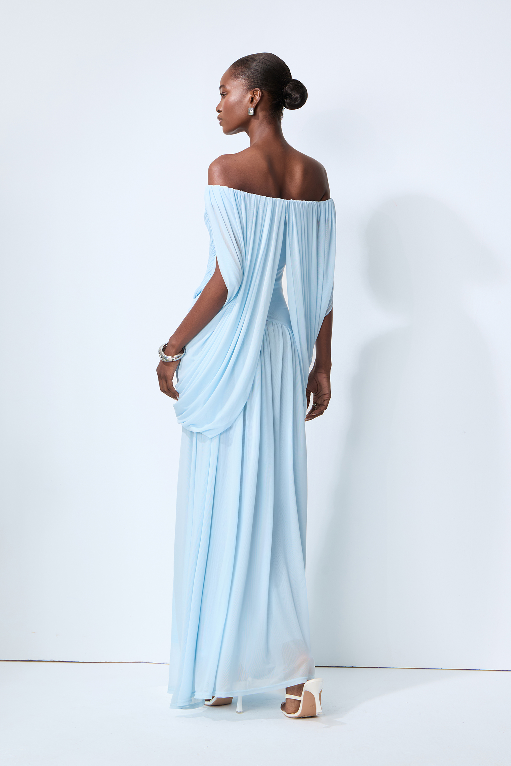Simply Irresistible Blue Off Shoulder Ruched Cape Sleeve Maxi Dress