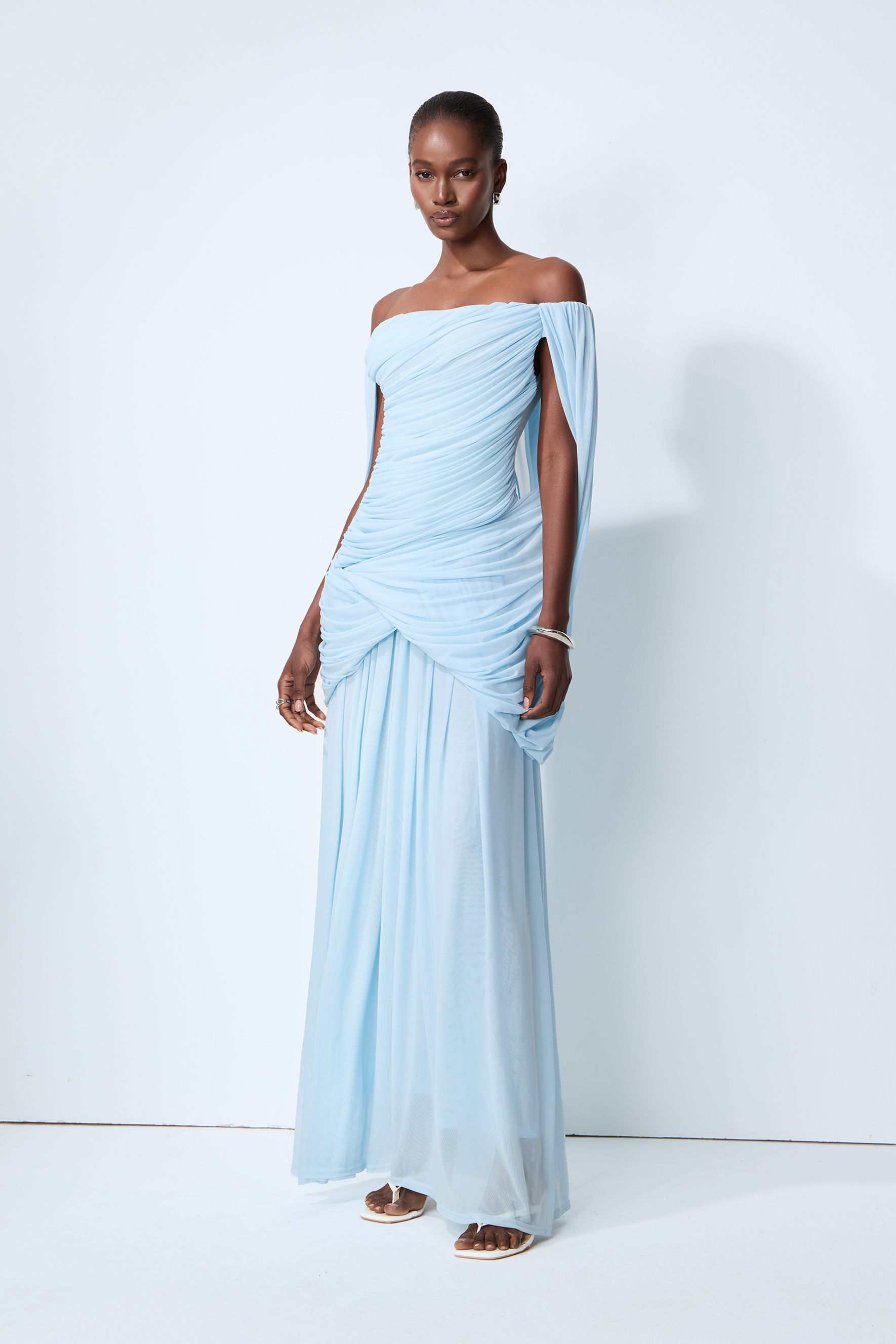 Simply Irresistible Blue Off Shoulder Ruched Cape Sleeve Maxi Dress