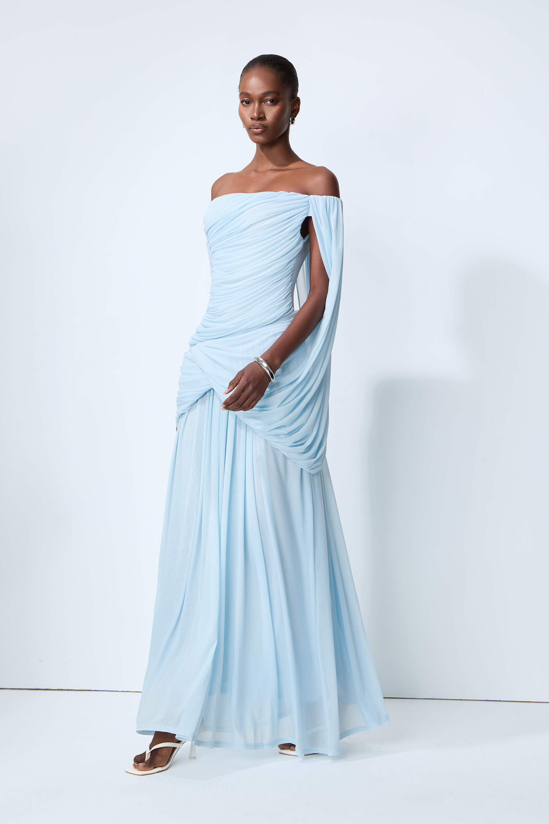 Simply Irresistible Blue Off Shoulder Ruched Cape Sleeve Maxi Dress