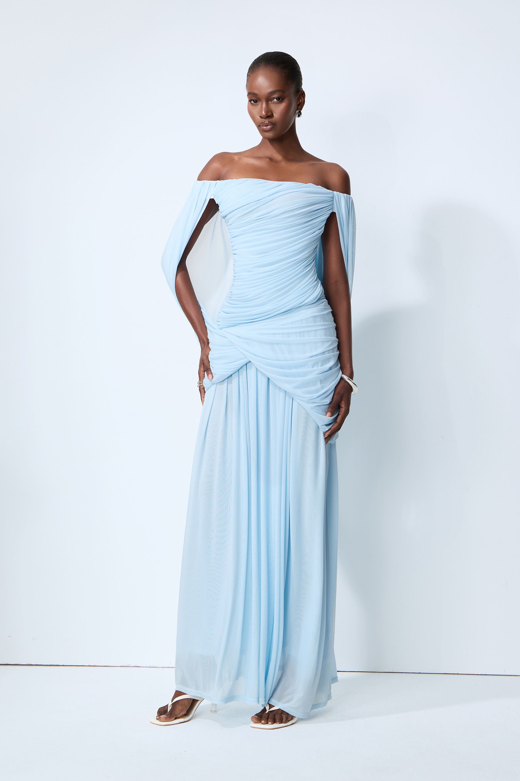 Simply Irresistible Blue Off Shoulder Ruched Cape Sleeve Maxi Dress