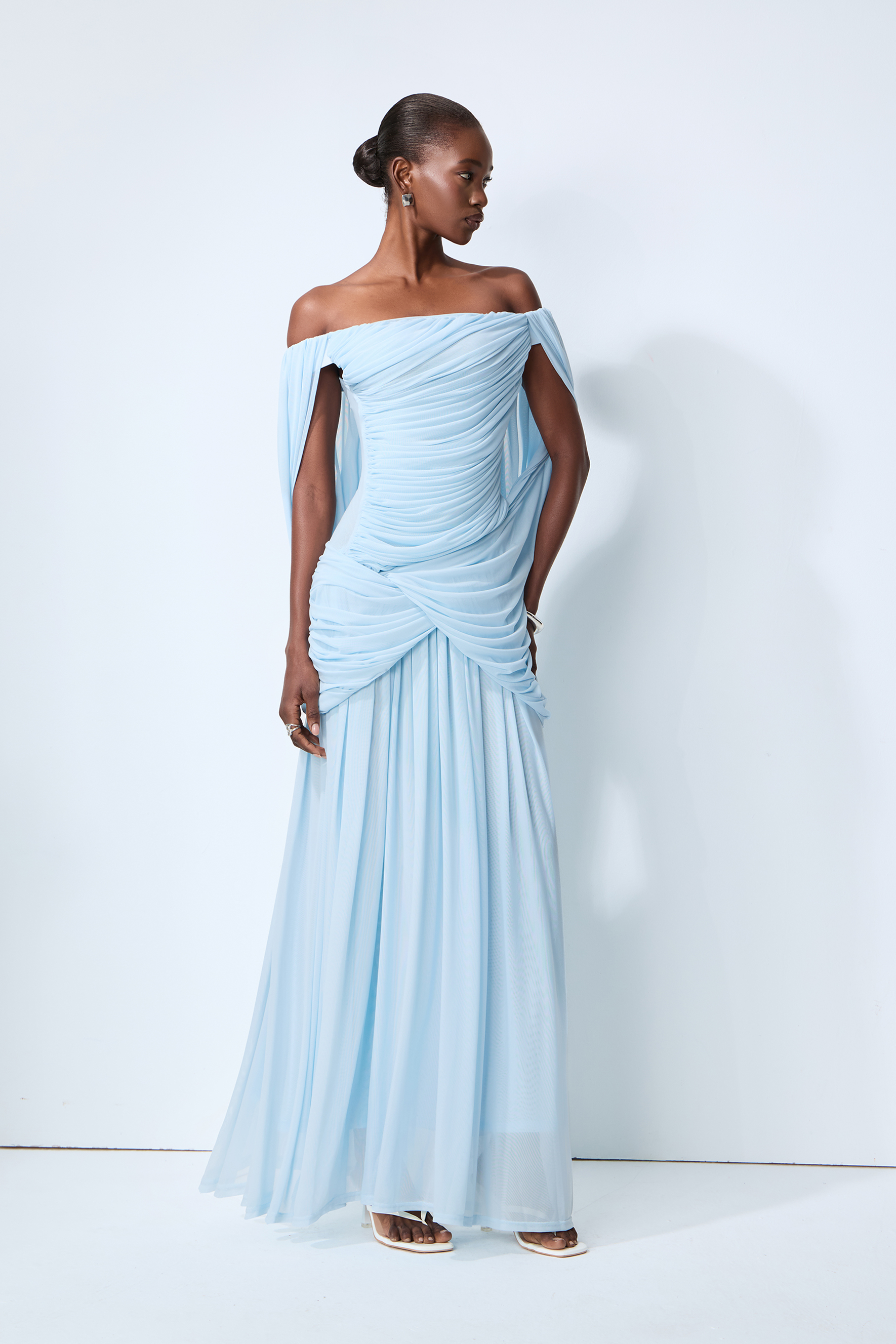 Simply Irresistible Blue Off Shoulder Ruched Cape Sleeve Maxi Dress