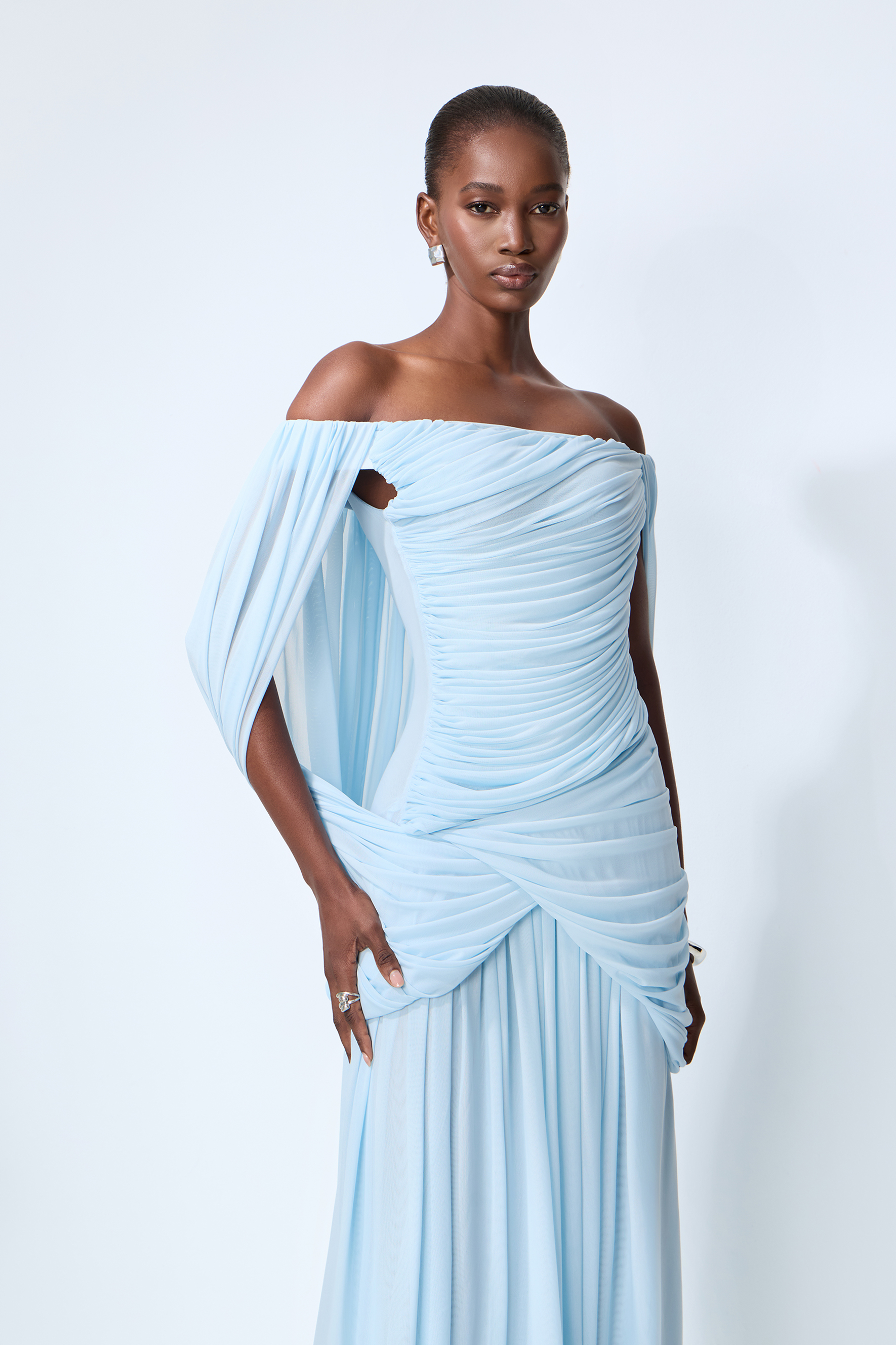 Simply Irresistible Blue Off Shoulder Ruched Cape Sleeve Maxi Dress