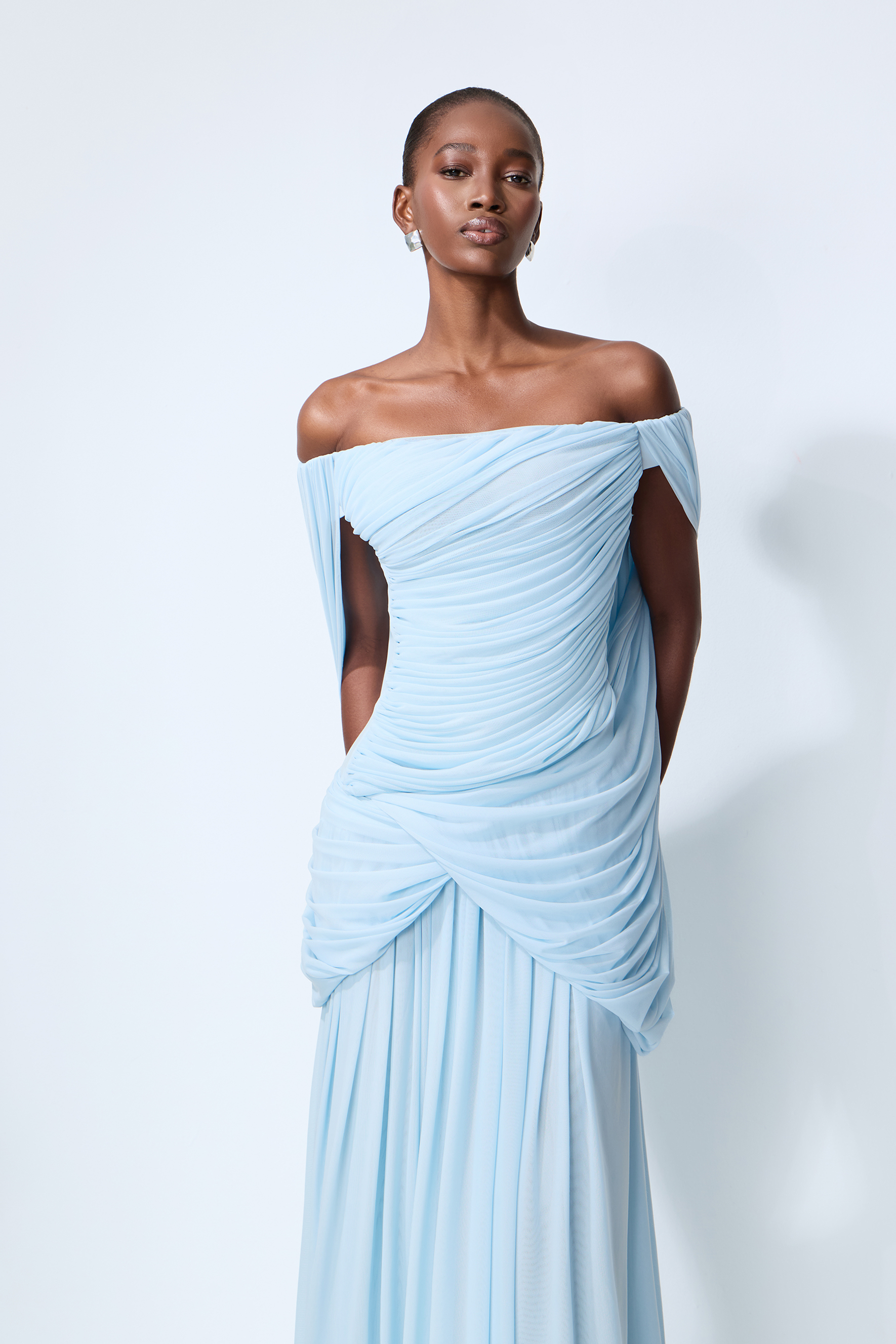 Simply Irresistible Blue Off Shoulder Ruched Cape Sleeve Maxi Dress