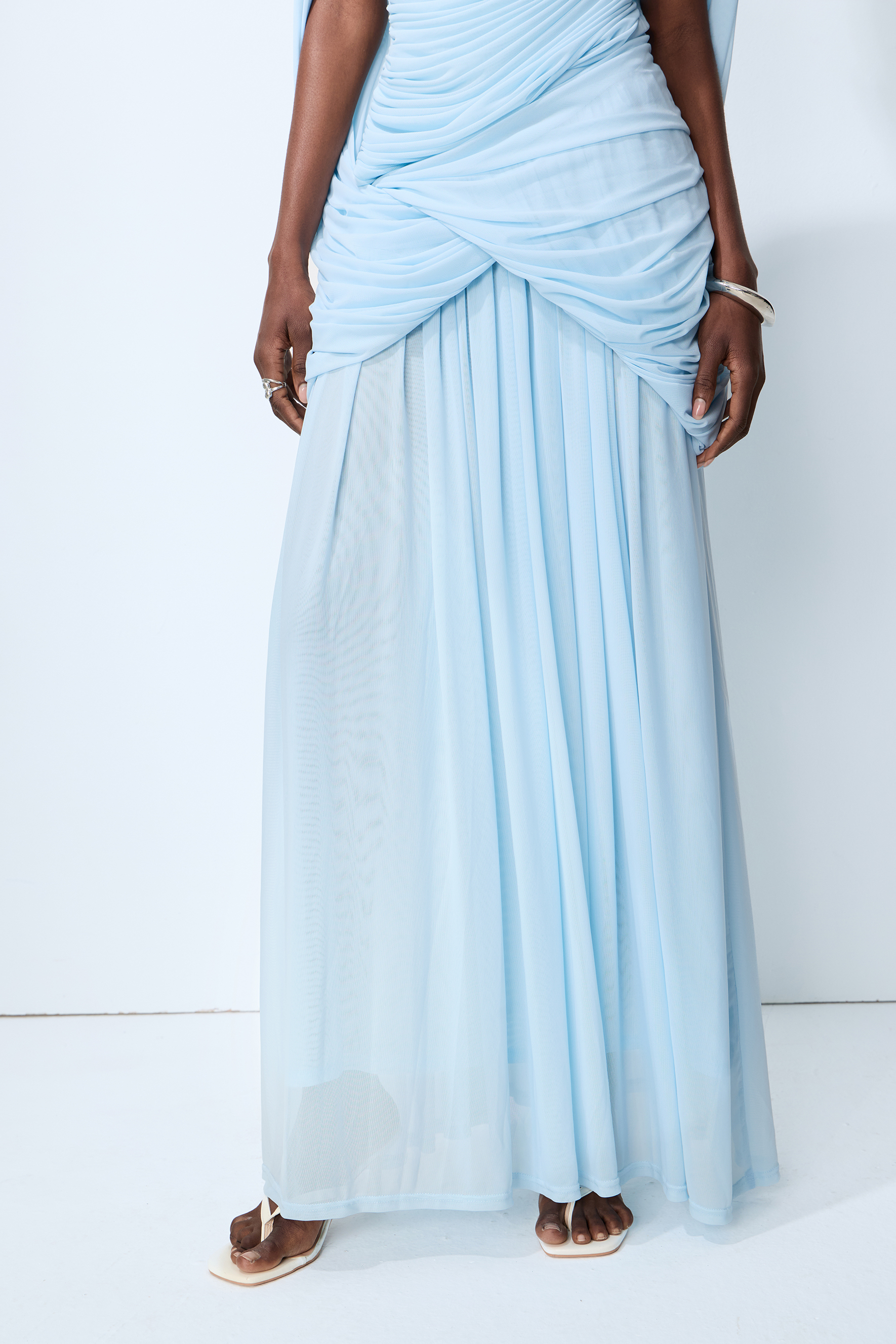 Simply Irresistible Blue Off Shoulder Ruched Cape Sleeve Maxi Dress