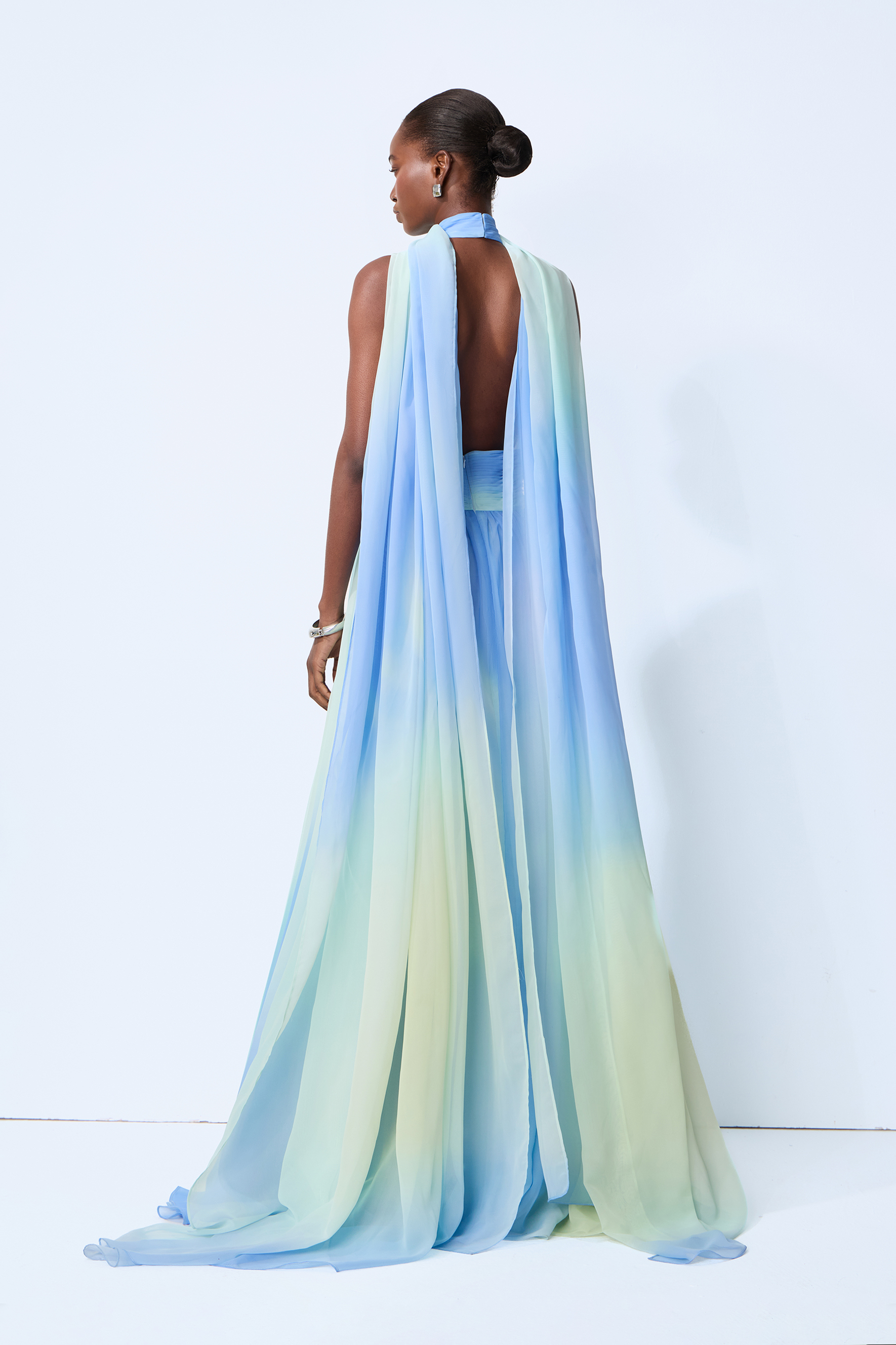 Elegant Night Blue Cutout Chiffon Maxi Dress With Scarf
