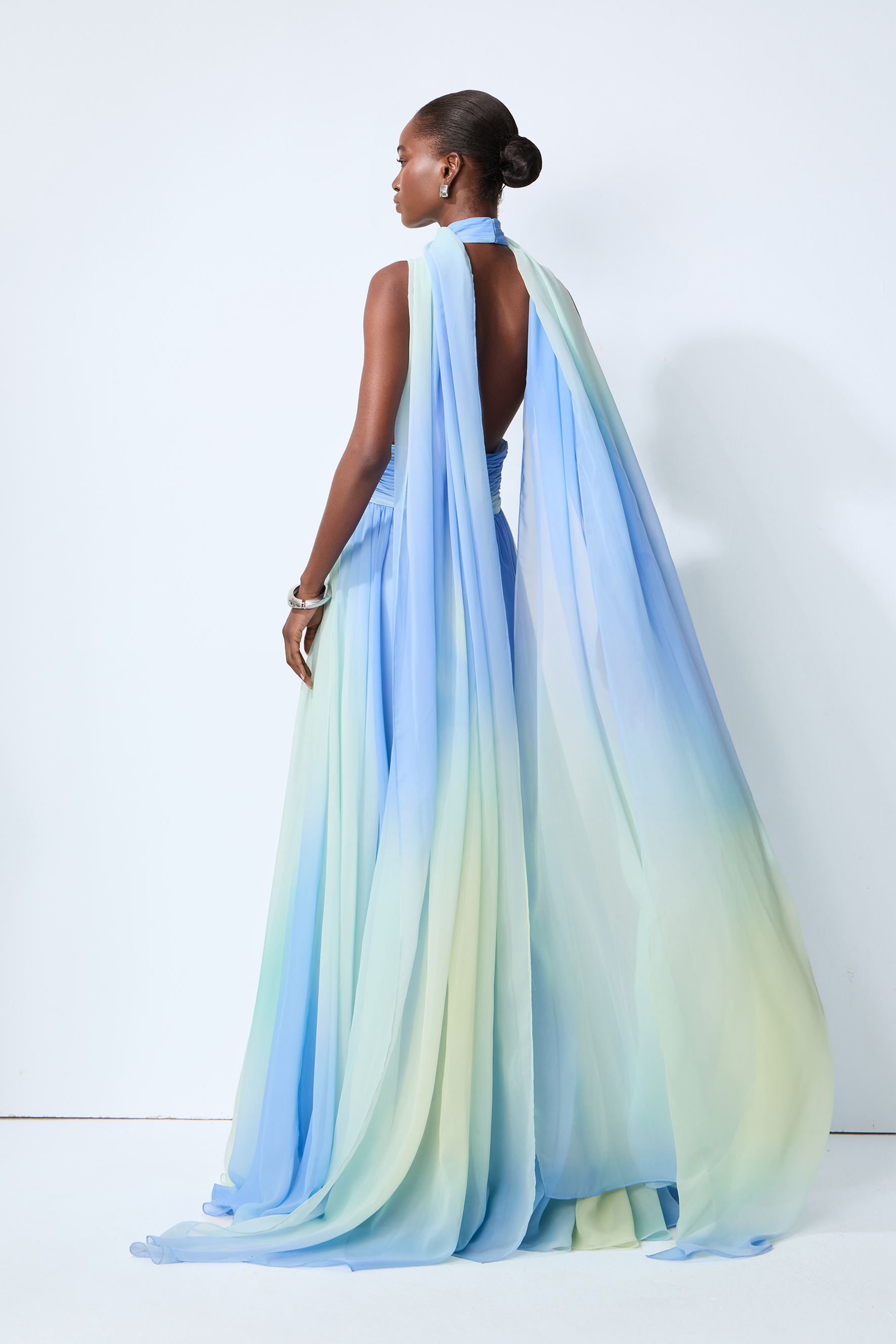 Elegant Night Blue Cutout Chiffon Maxi Dress With Scarf