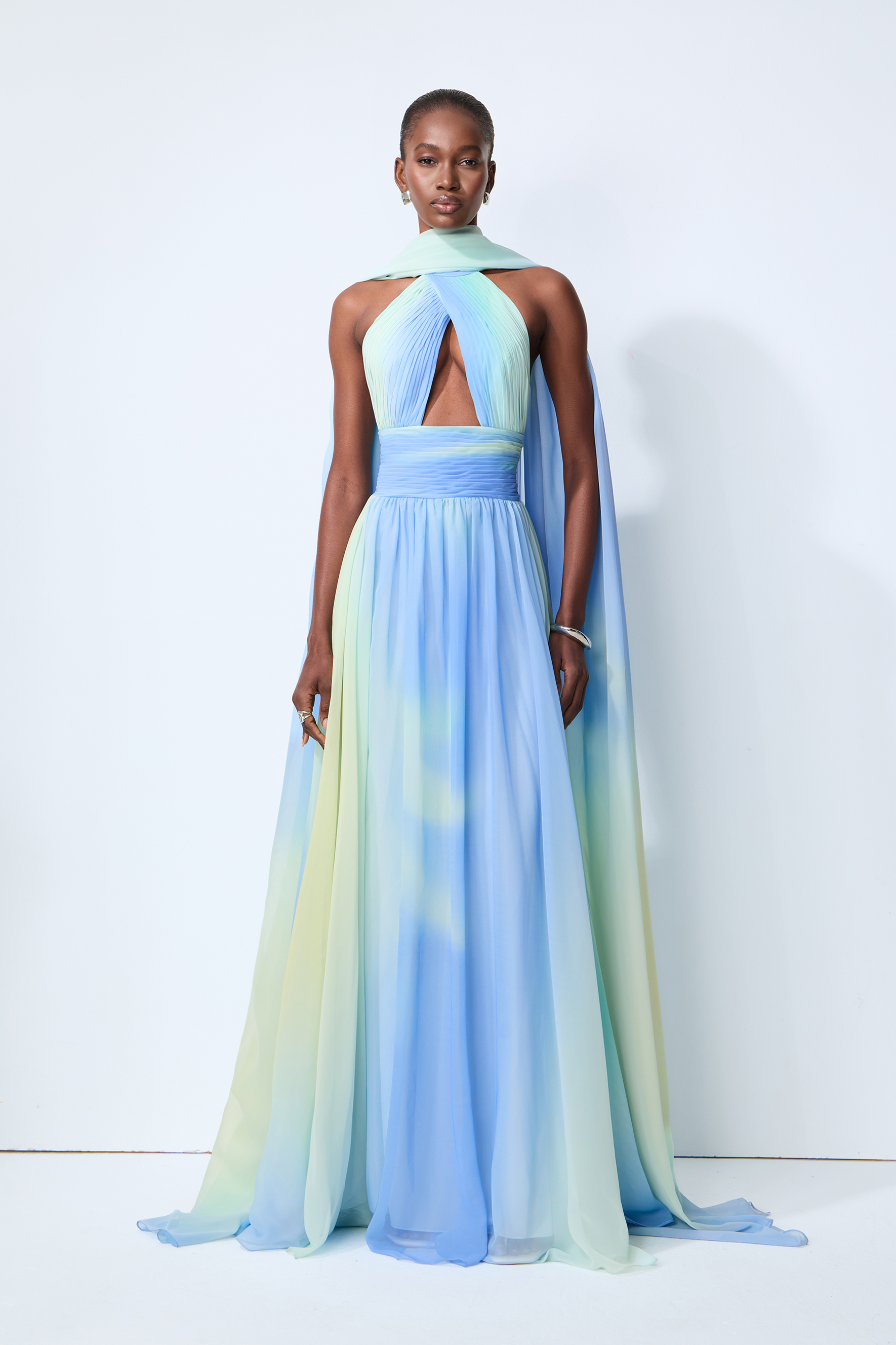 Elegant Night Blue Cutout Chiffon Maxi Dress With Scarf