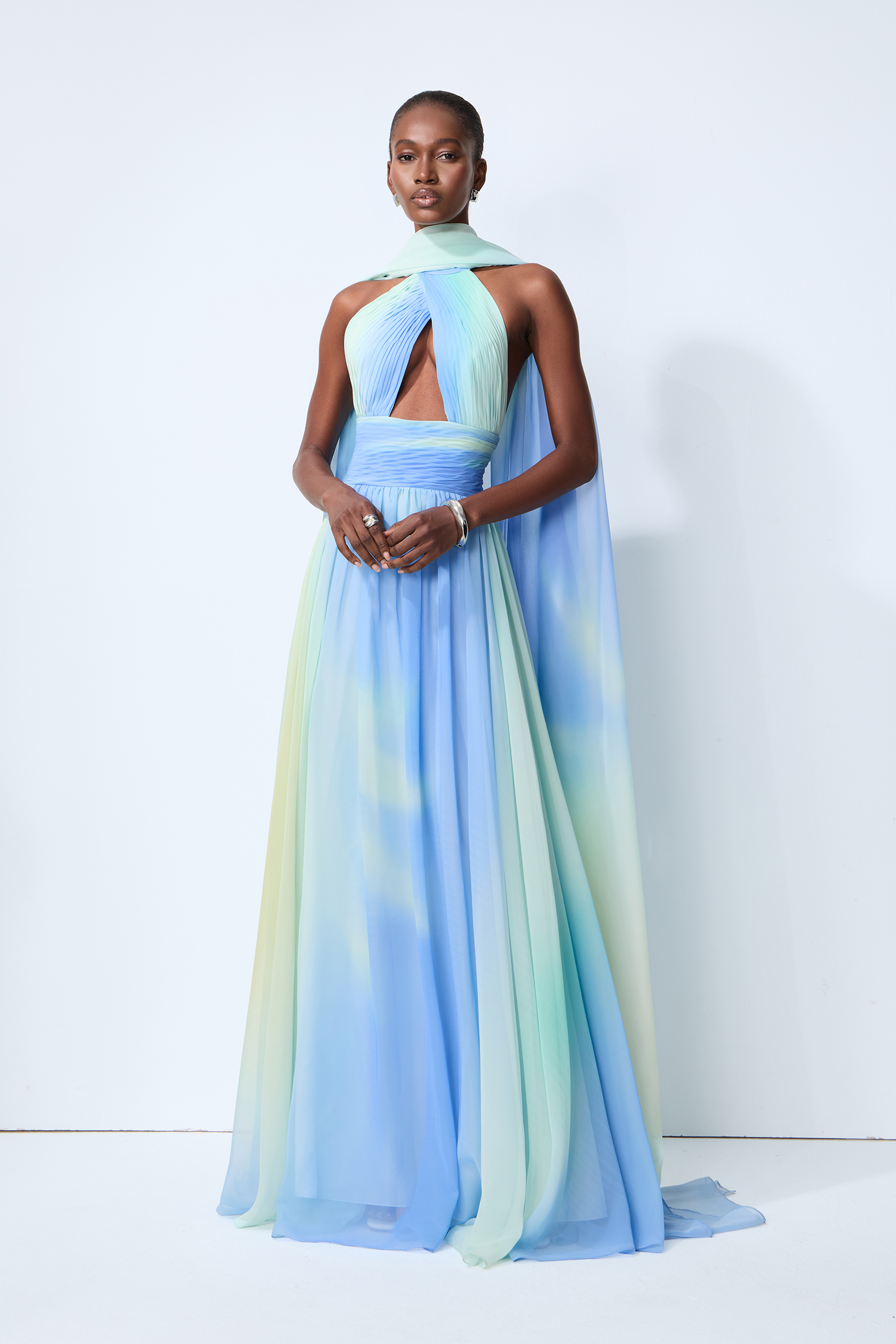 Elegant Night Blue Cutout Chiffon Maxi Dress With Scarf