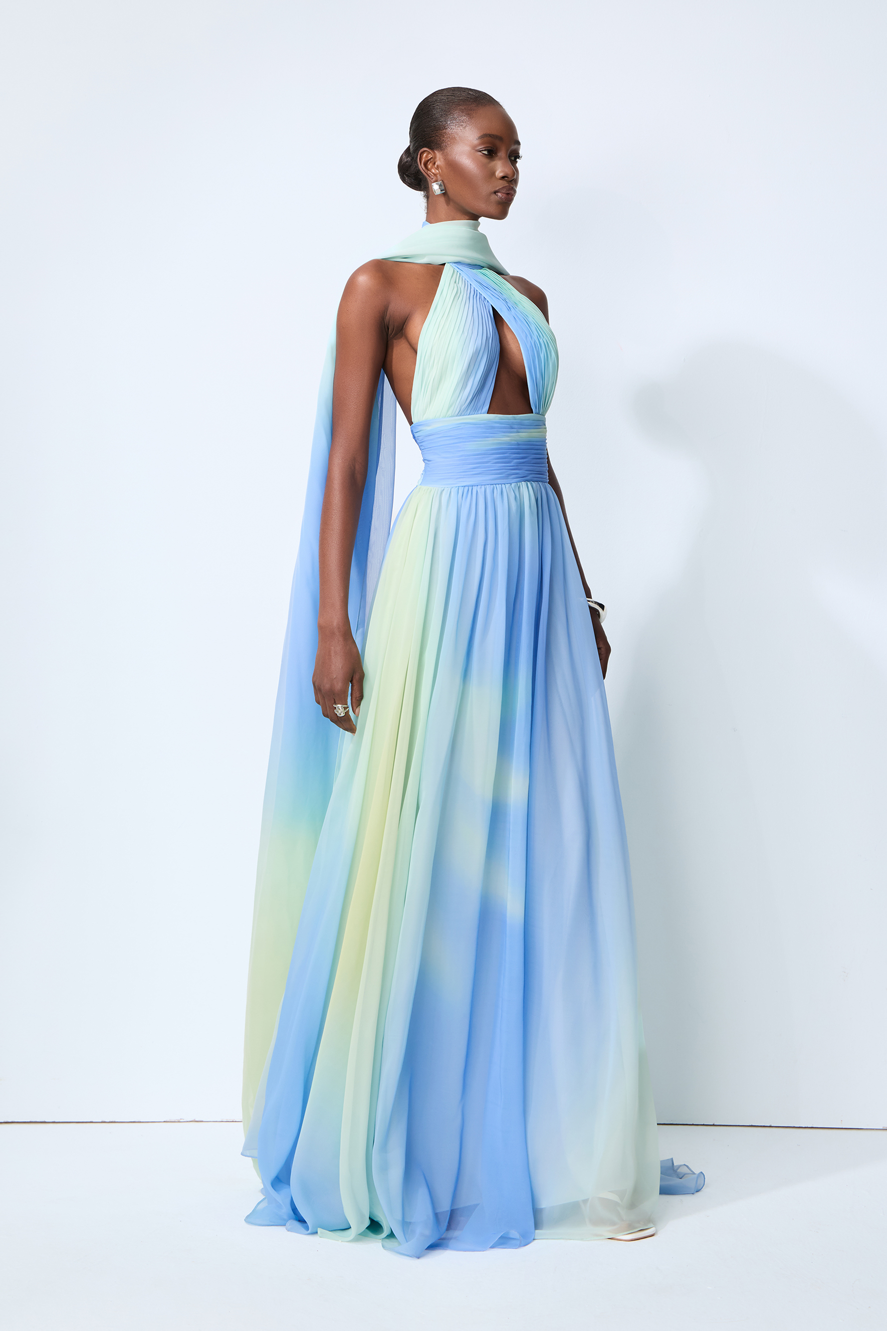 Elegant Night Blue Cutout Chiffon Maxi Dress With Scarf