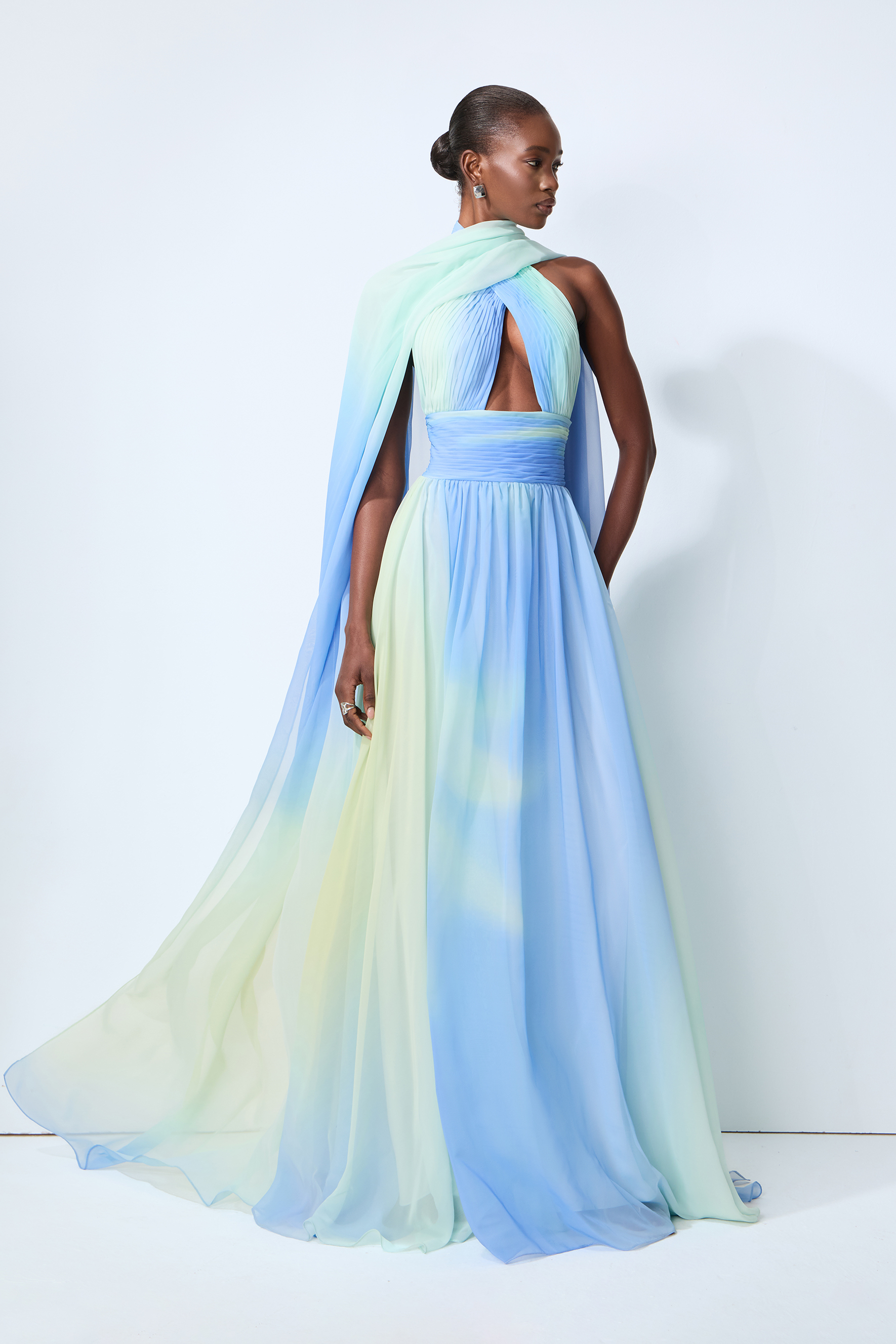 Elegant Night Blue Cutout Chiffon Maxi Dress With Scarf