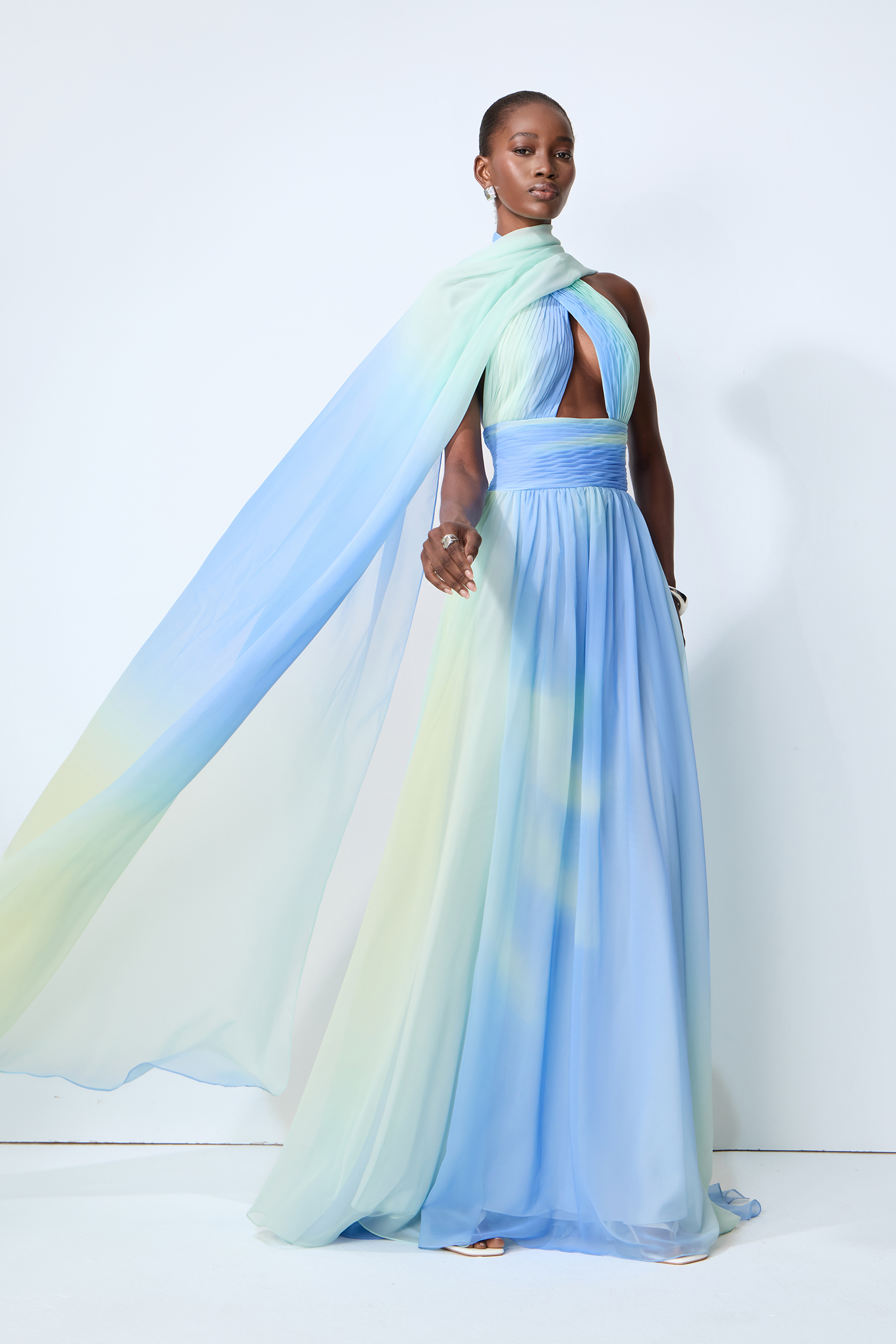 Elegant Night Blue Cutout Chiffon Maxi Dress With Scarf