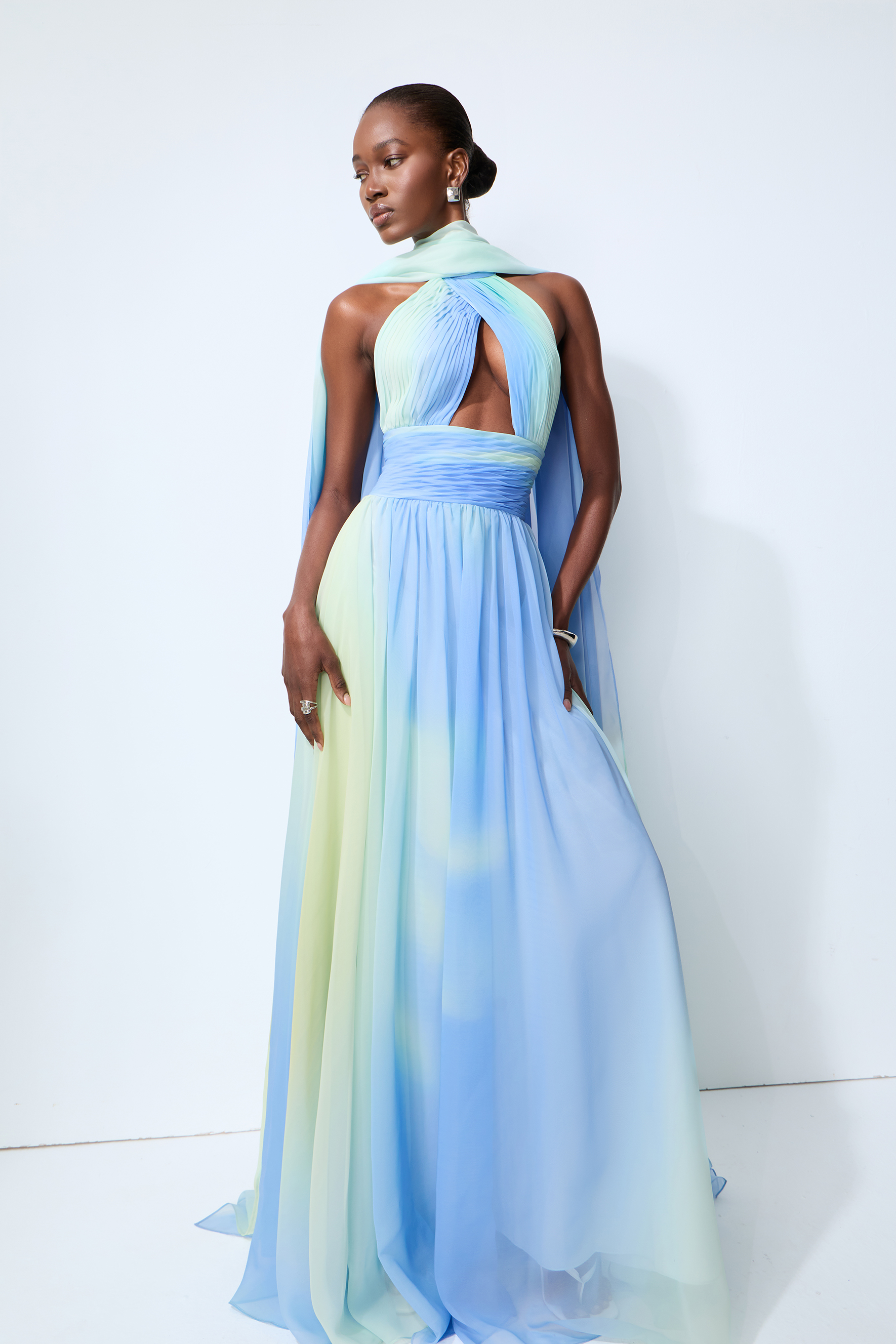 Elegant Night Blue Cutout Chiffon Maxi Dress With Scarf