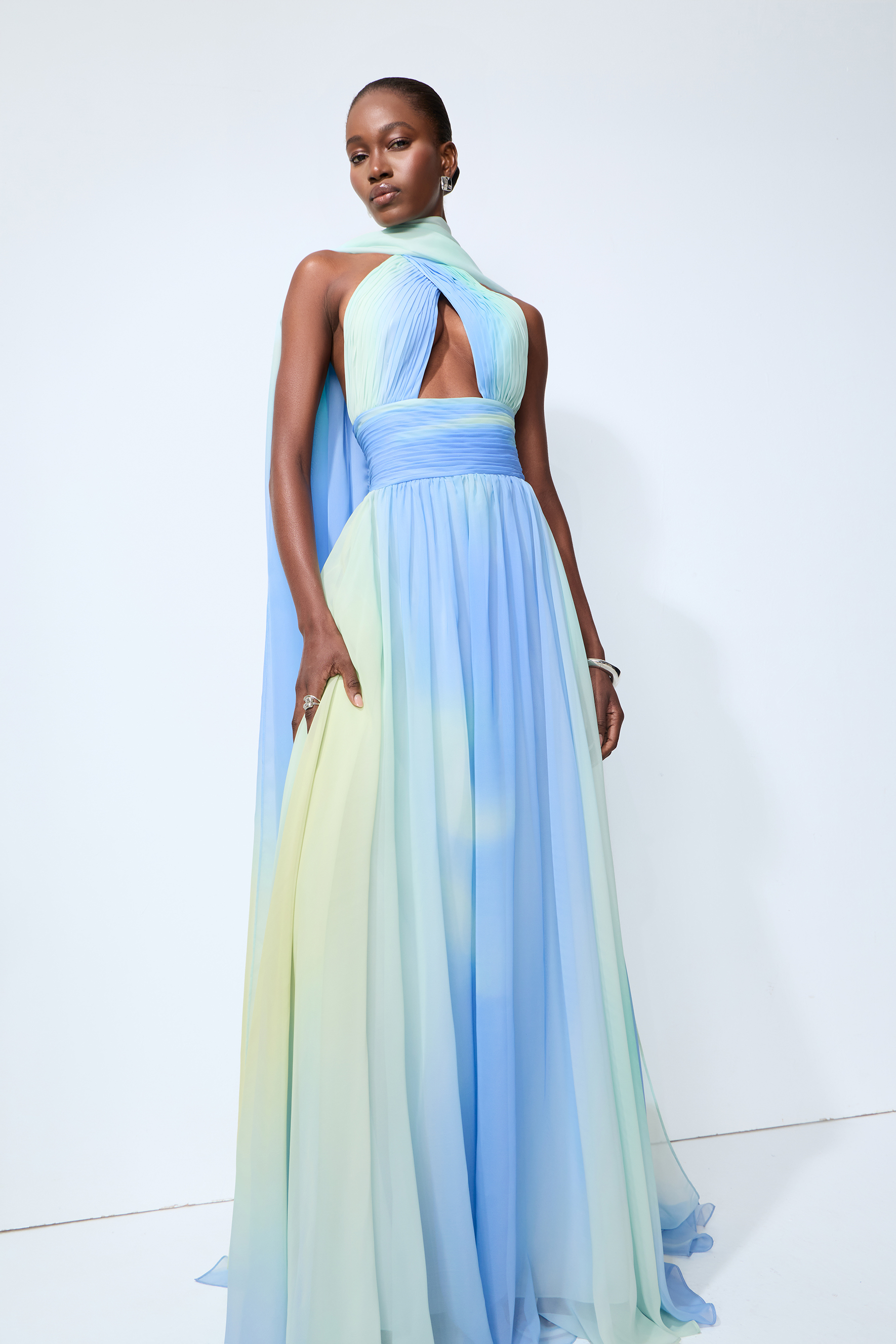 Elegant Night Blue Cutout Chiffon Maxi Dress With Scarf