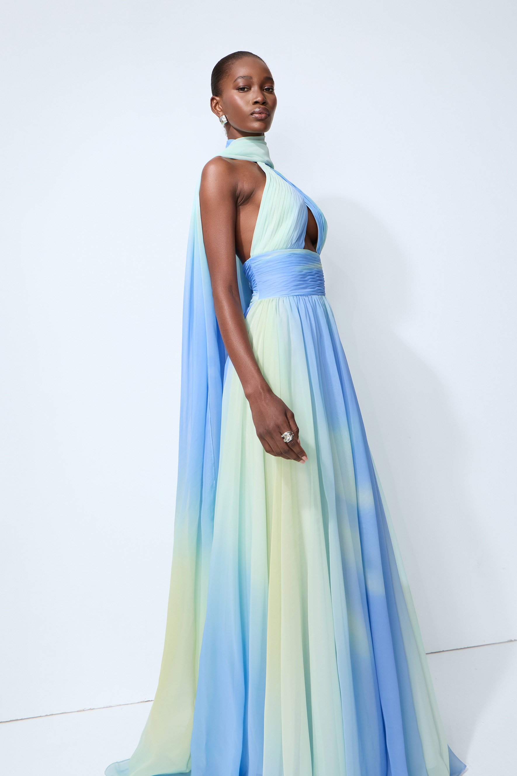 Elegant Night Blue Cutout Chiffon Maxi Dress With Scarf