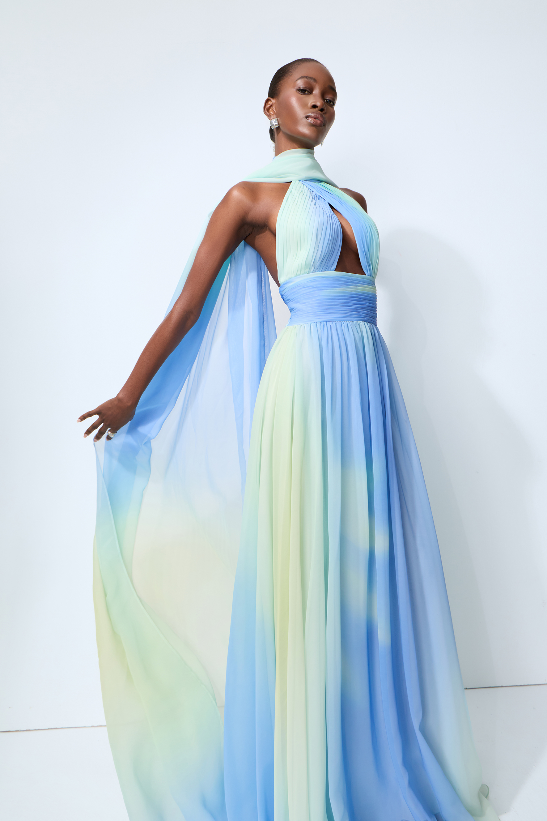 Elegant Night Blue Cutout Chiffon Maxi Dress With Scarf