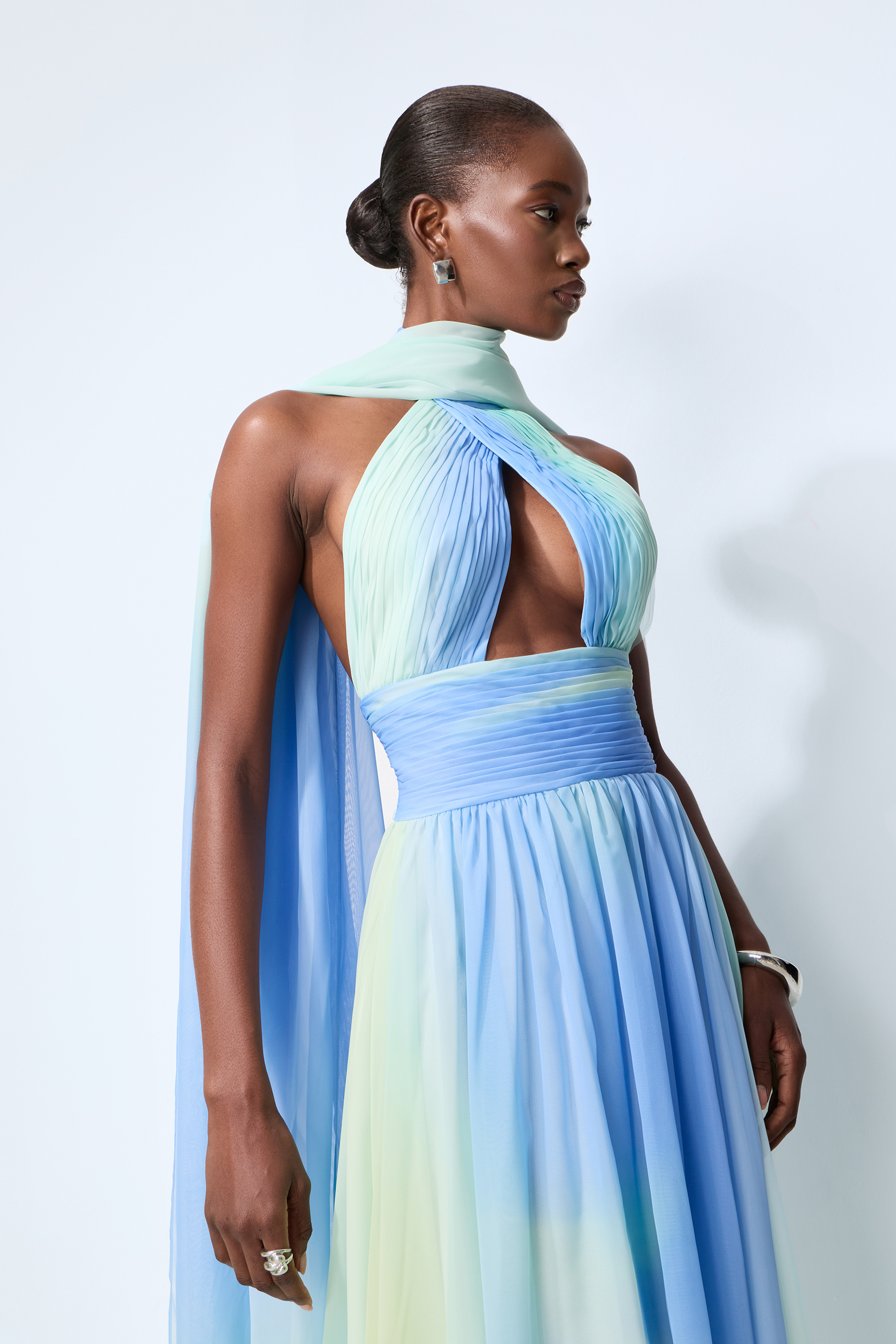 Elegant Night Blue Cutout Chiffon Maxi Dress With Scarf