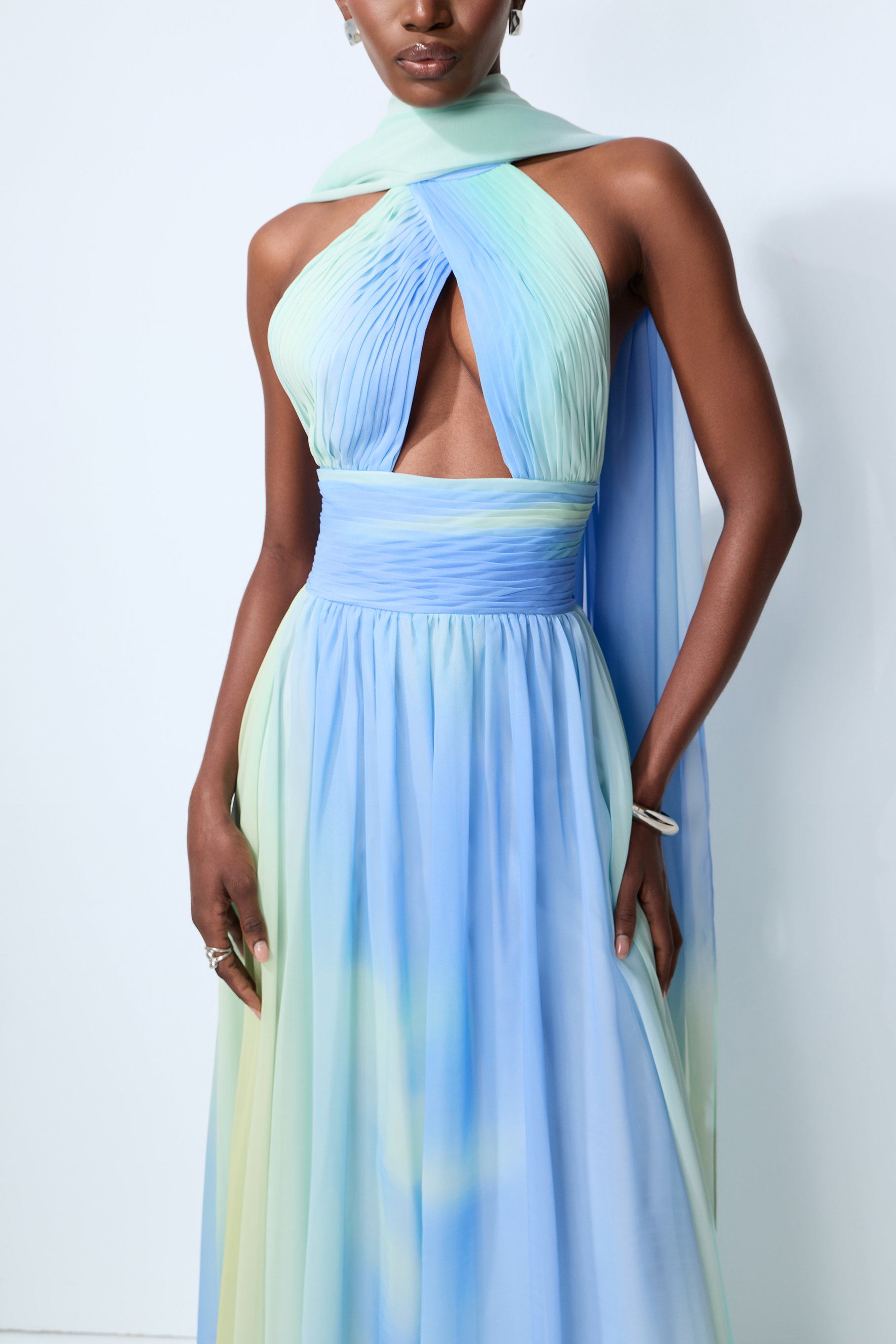 Elegant Night Blue Cutout Chiffon Maxi Dress With Scarf